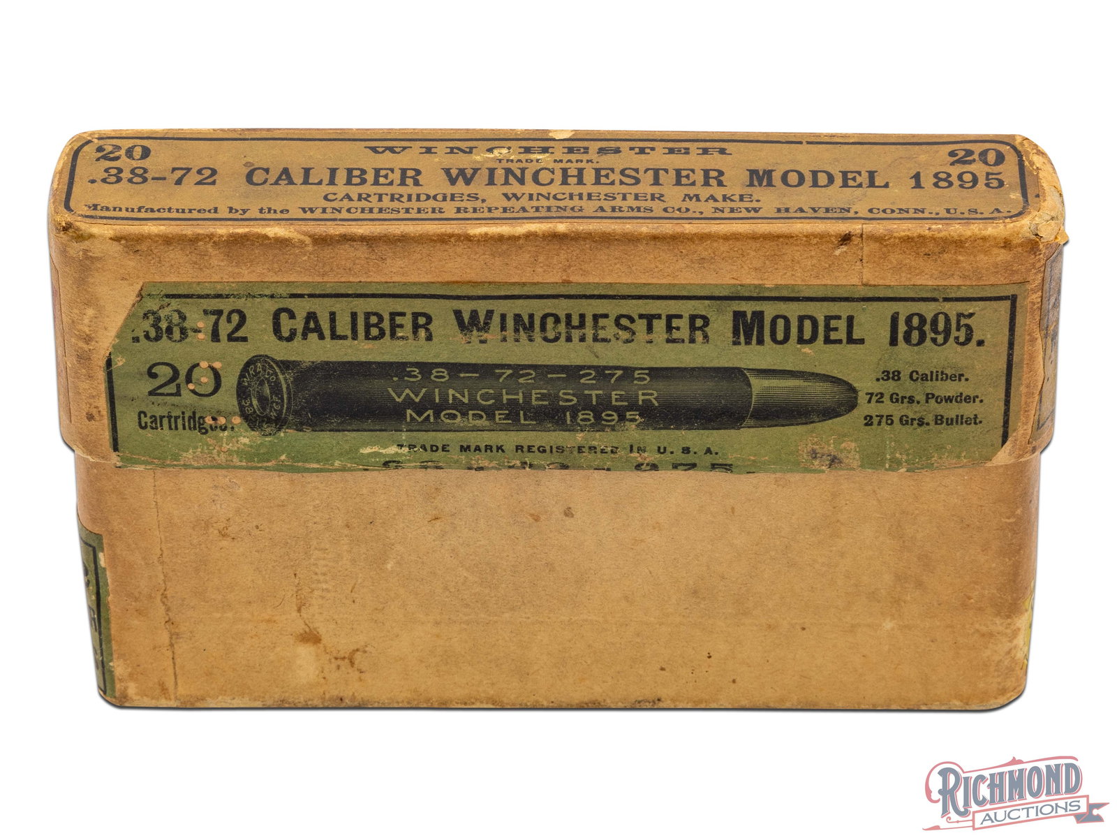 Full Box Of .38-72 Caliber Winchester Model 1895 Centerfire Cartridges: This is a full 2 Piece box of .38-72 cartridges for the Winchester Model 1895. Box contains 20 cartridges and has rounded corners on the sides. It has a green top and front label that reads ".38-72 Ca