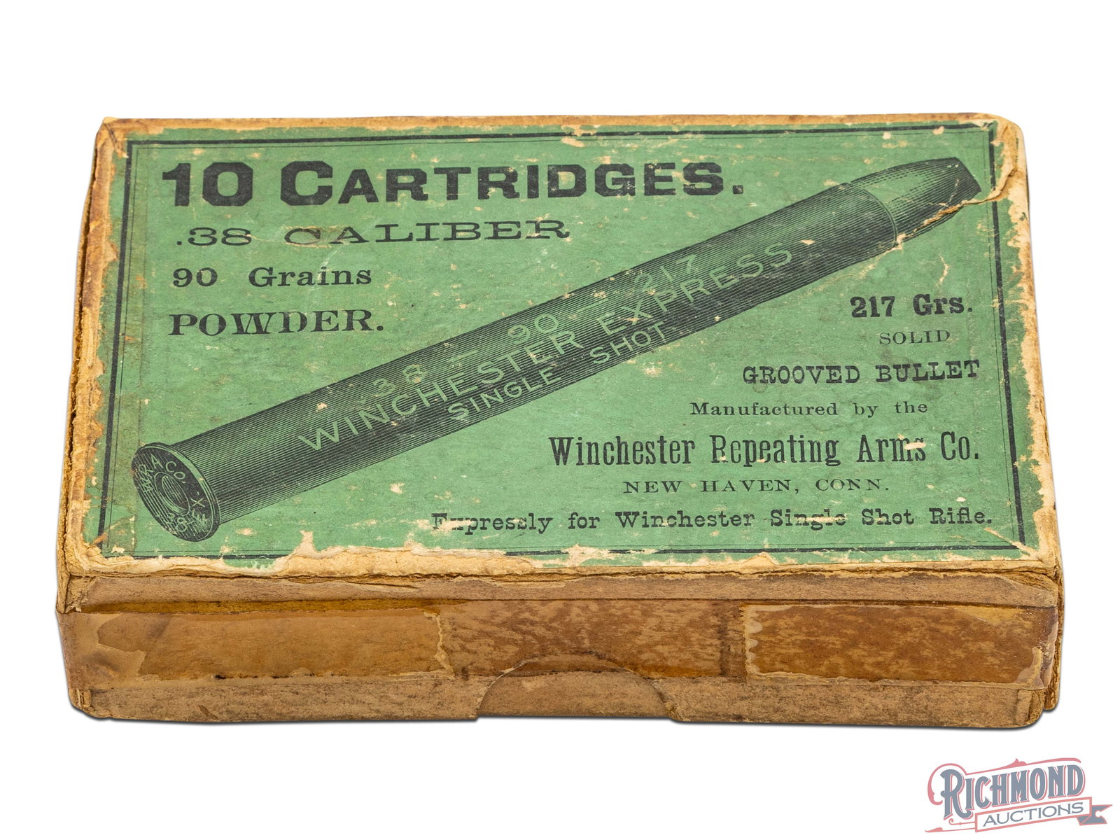 Winchester .38-90 Caliber Winchester Express 10 Count Collector's Box: This empty two piece box was made to contain 10 of the .38-90-217 Winchester Express cartridge by Winchester Repeating Arms Co. The green label has the image of the cartridge with the caliber listed o