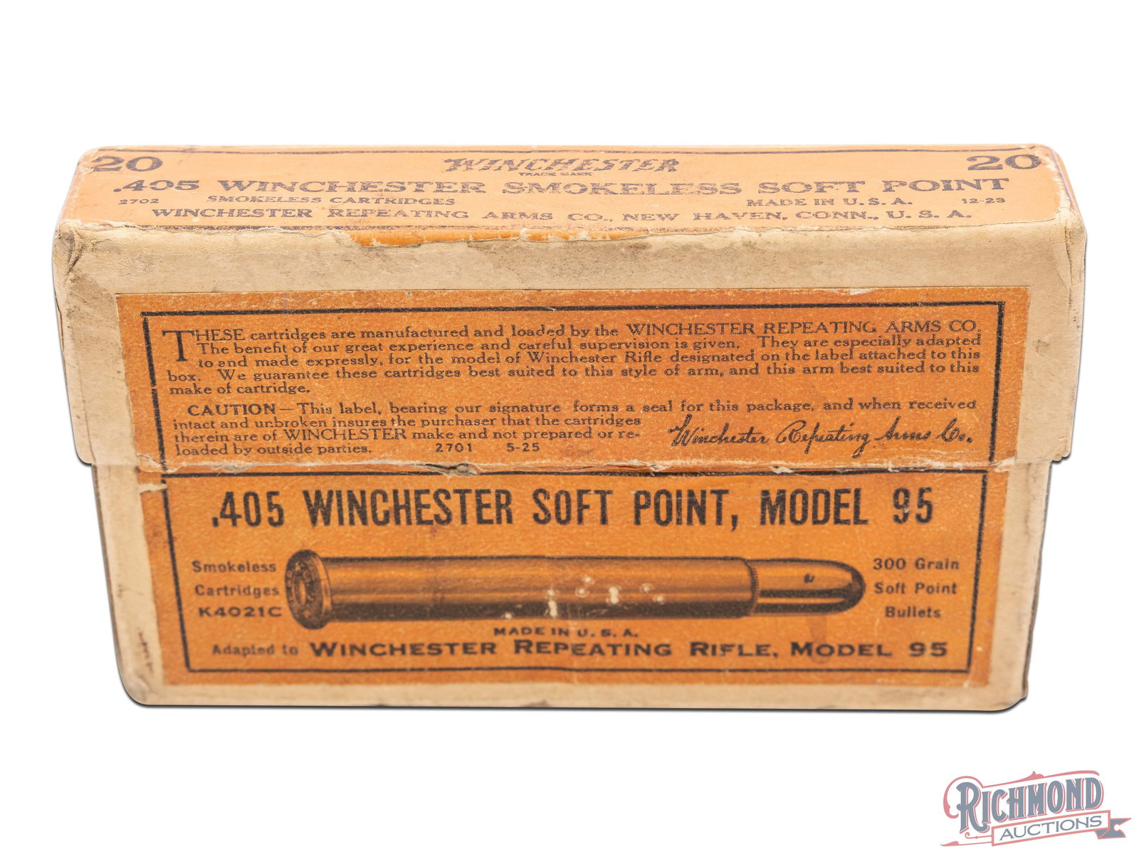 Partial Box Of Winchester .405 Caliber Soft Point Cartridges: This is a box of .405 Winchester Smokeless Soft Point for the model 95 rifle made by Winchester Repeating Arms Co. The box contains 5 of the 20 correct cartridges with head stamps "WRA Co .405 WCF". T