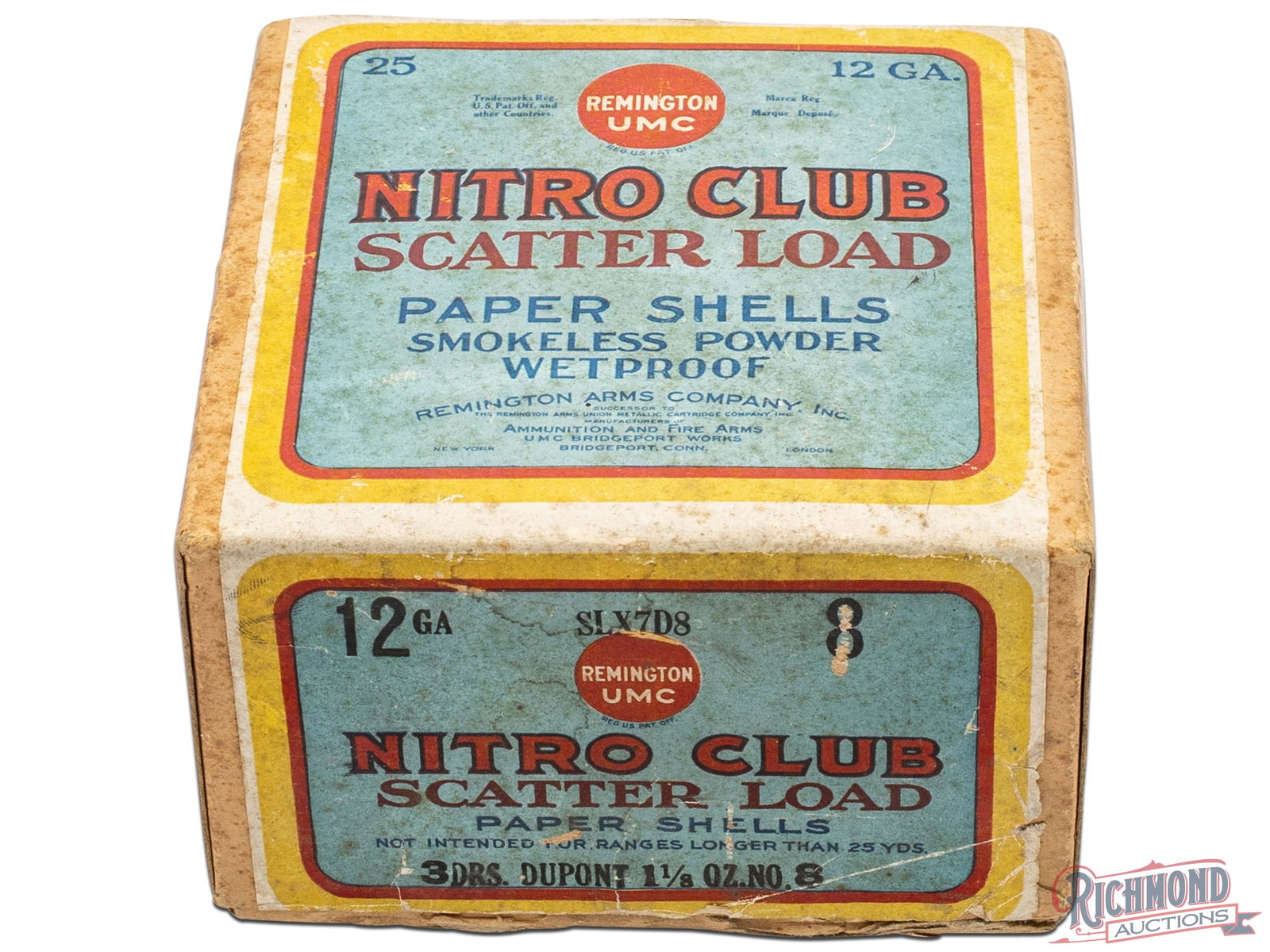 Remington UMC Nitro Club 12 Gauge Scatter Load Paper Shells Smokeless Powder Wetproof Shell Box: This is a two piece box that was made to contain 12 gauge Nitro Club paper shells made by Remington UMC. The box contains 25 12 gauge Winchester Ranger 12 Gauge shells inside. The lid has a blue and y