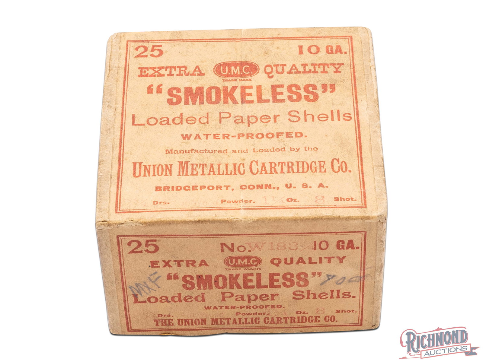 UMC "Extra Quality" Smokeless Loaded Paper Water-Proofed Shells Two Piece Box: This is an empty box of 10 gauge loaded paper shells made by Union Metallic Cartridge Co. The box has a red lettered label that reads "UMC Extra Quality "Smokeless" Loaded Paper Shells, Water-Proofed"