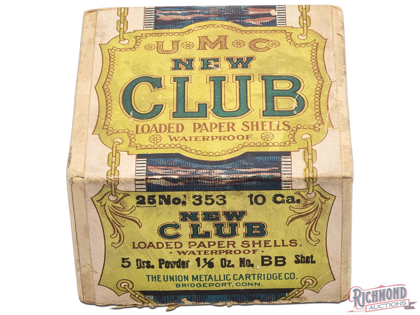 Full Box Of UMC New Club 10 Gauge Waterproof Loaded Paper Shells: This is a full two piece box of 10 gauge loaded paper shells made by Union Metallic Cartridge Co. This two piece box has a green and blue label with the top label stating "UMC New Club Loaded Paper Sh