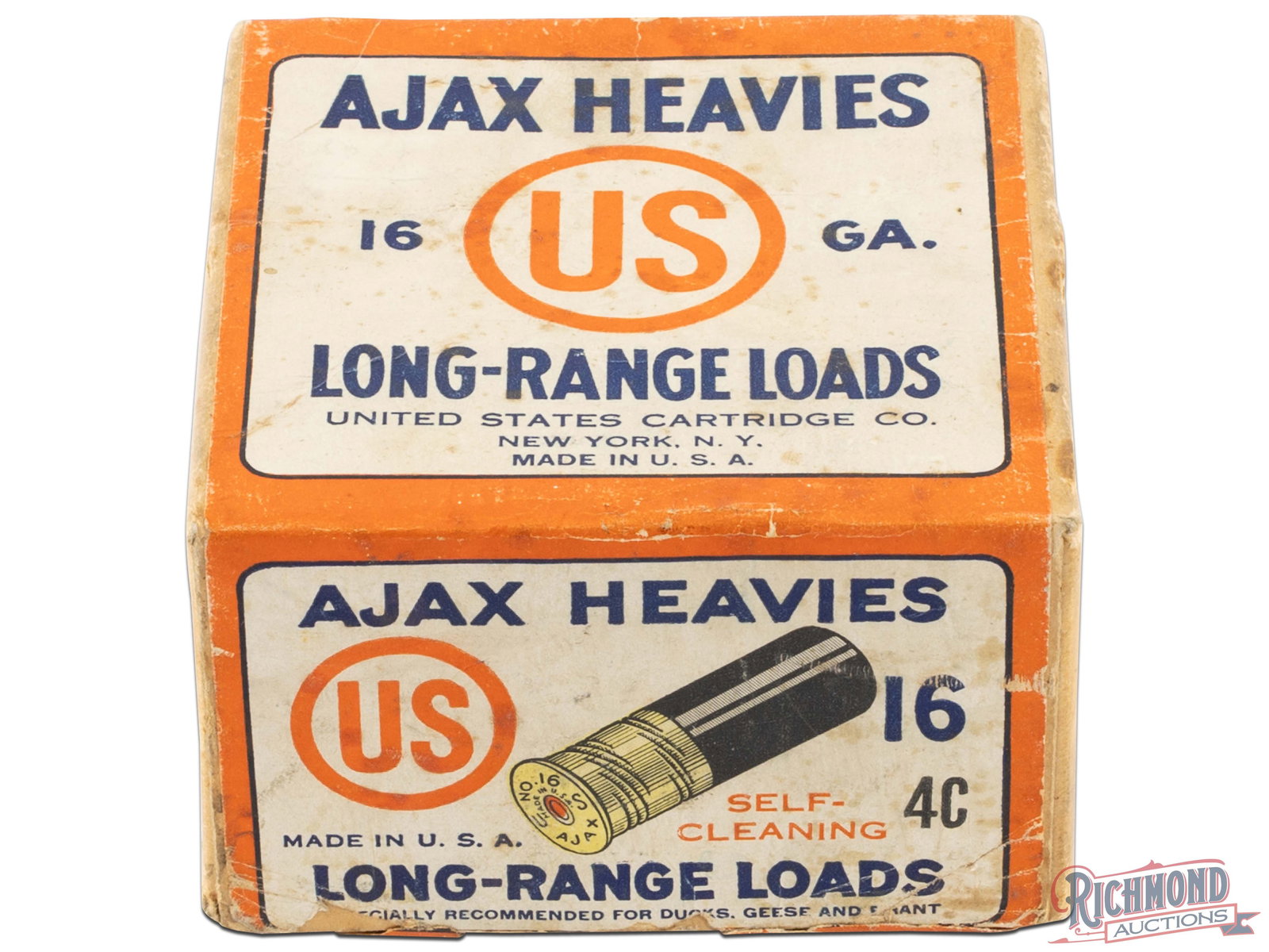 US Cartridge Co. 16 Gauge Ajax Heavies Long Range Loads Two Piece Shot Shell Box: This is an empty two piece box of 16 gauge Ajax Heavies shell made by US Cartridge Co. This box has a white label with orange border with an image of the shell on the sides. The top of the label state