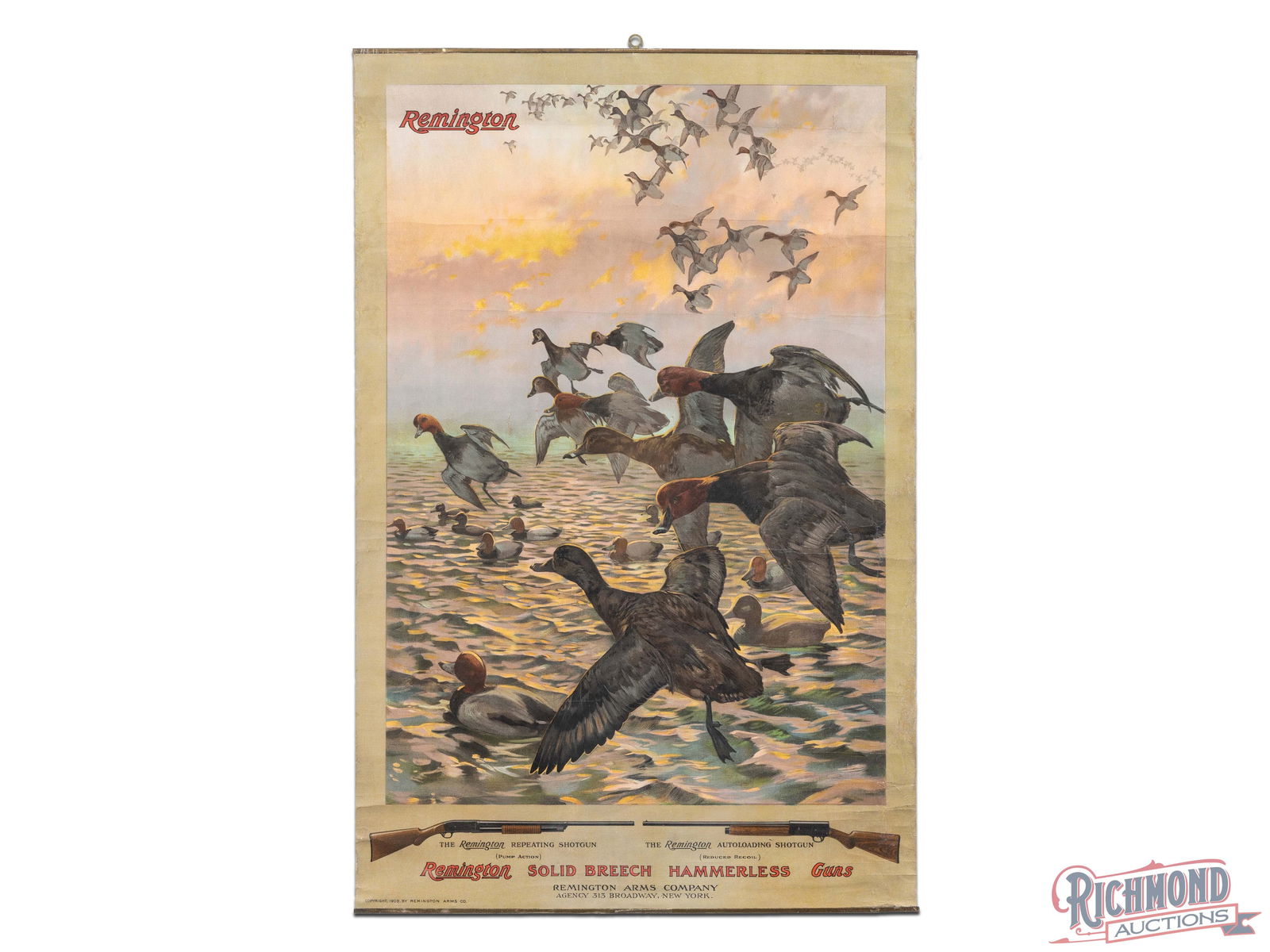 1908 Remington Solid Breech Hammerless Guns Advertising Poster: 1908 Remington advertising poster has excellent color. The poster exhibits areas of professional restoration which are mainly along the perimeter. Both metal bands are present and it has been shrink w