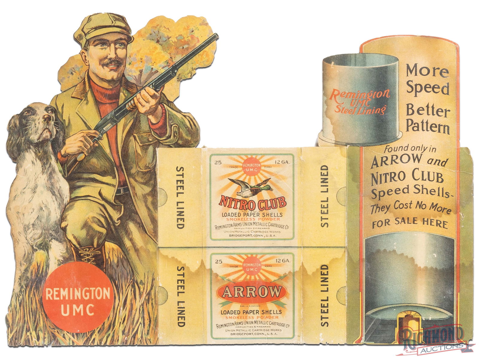 Remington UMC Arrow & Nitro Club Speed Shells Cardboard Countertop Display Sign: Single sided die cut countertop cardboard display has good color. The field has wear at the folds with discoloration and soiling in the lower fields and upper right fields. The right outer field has a