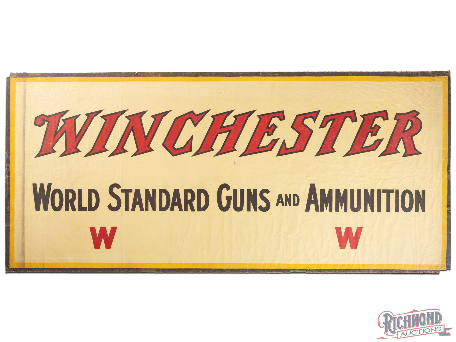 Winchester World Standard Guns and Ammunition 5' Canvas Advertising Banner Sign: Single sided canvas banner has very good color. The field has fold marks with wrinkling and areas of minor discoloration. The perimeter has a vertical line of discoloration on the left edge with frayi