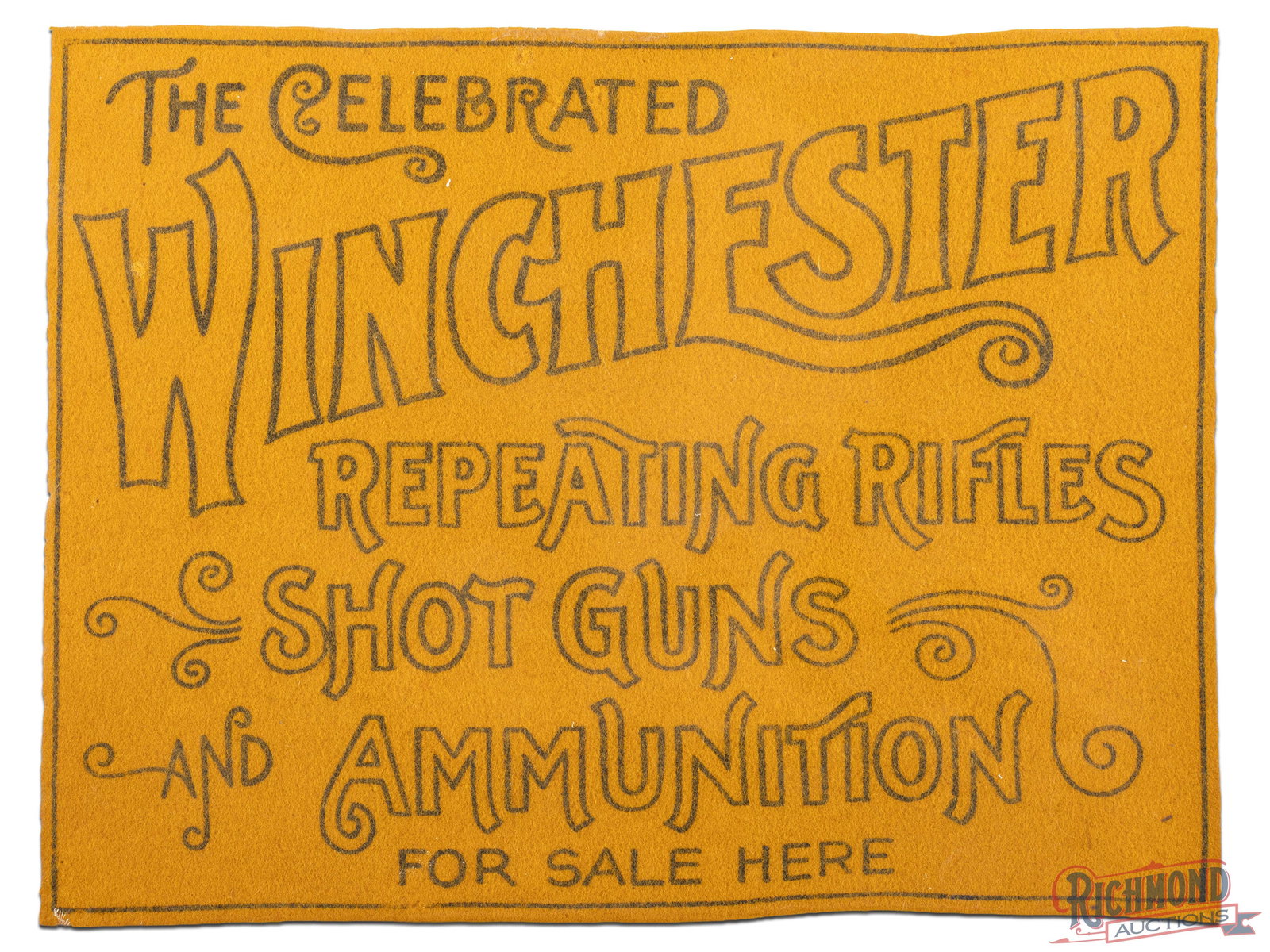 Early Winchester Repeating Rifles Shot Guns Ammunition For Sale Here Felt Counter Sign: Felt counter sign has excellent color. The field is clean. The perimeter has light wear to the black outer border and the sign has been shrink wrapped to foam board. All in all a superb example. 9.5"