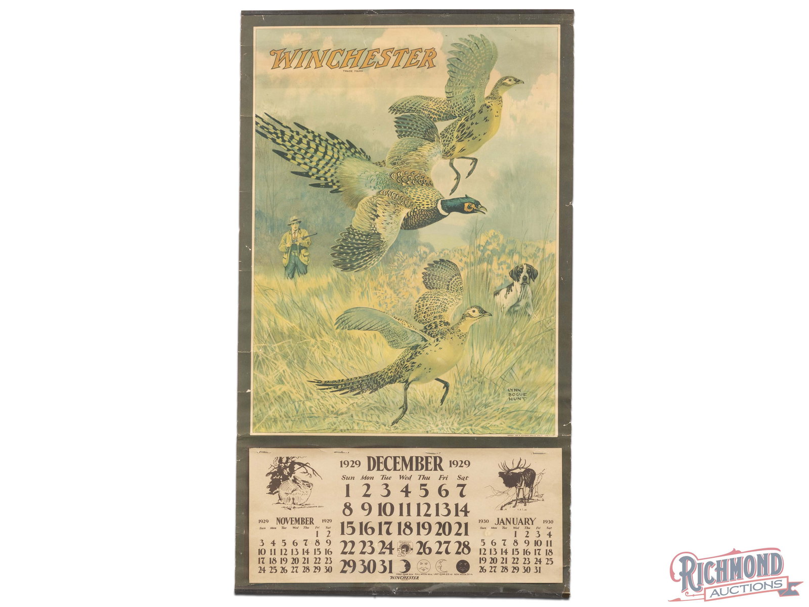 1929 Winchester Advertising Calendar: 1929 Winchester calendar sign. It has good color with toning throughout. The lower left field has a closed tear and another that runs from edge to edge on the lower edge of the image panel. The perime