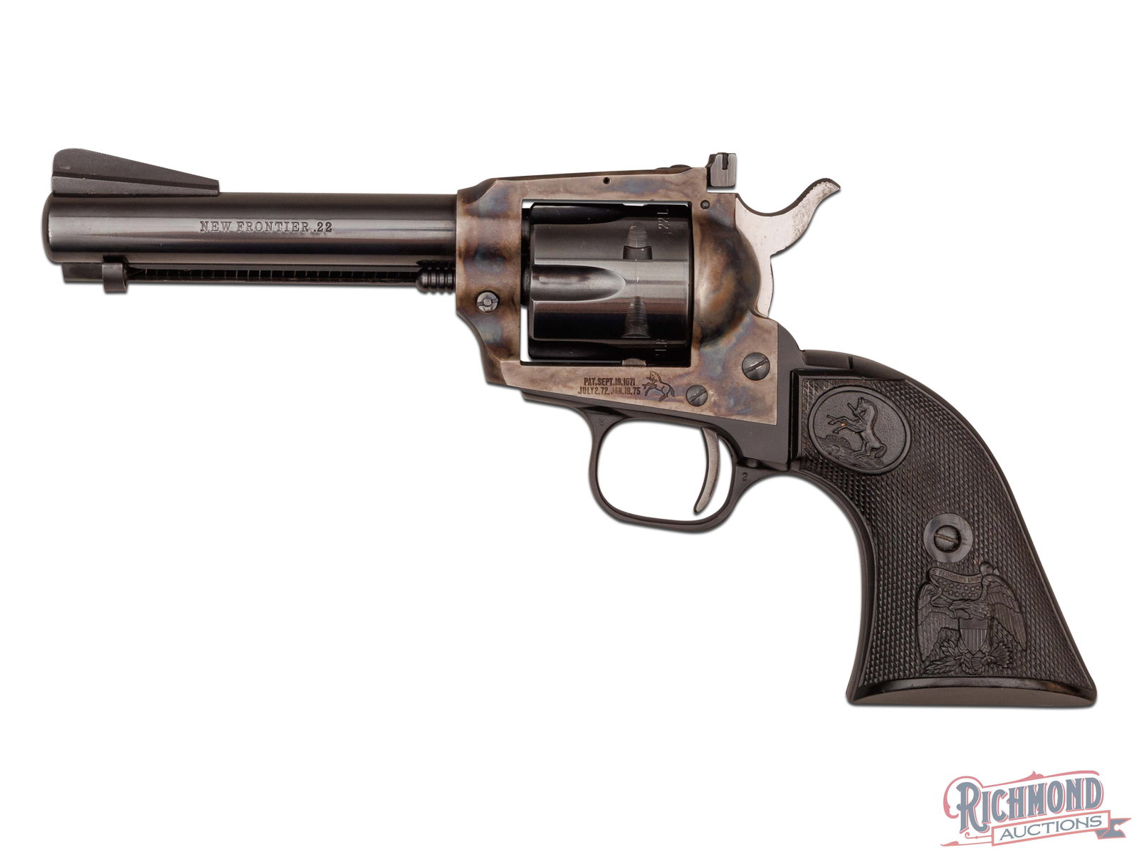 High Condition 1974 Colt New Frontier .22 LR Single Action Revolver: Manufactured by Colt PTFA Mfg Co in 1974. Features a 4-1/4" blued barrel with rear adjustable square notch sight and ramped blade front. Single line Colt address stamped on top of the barrel and "NEW