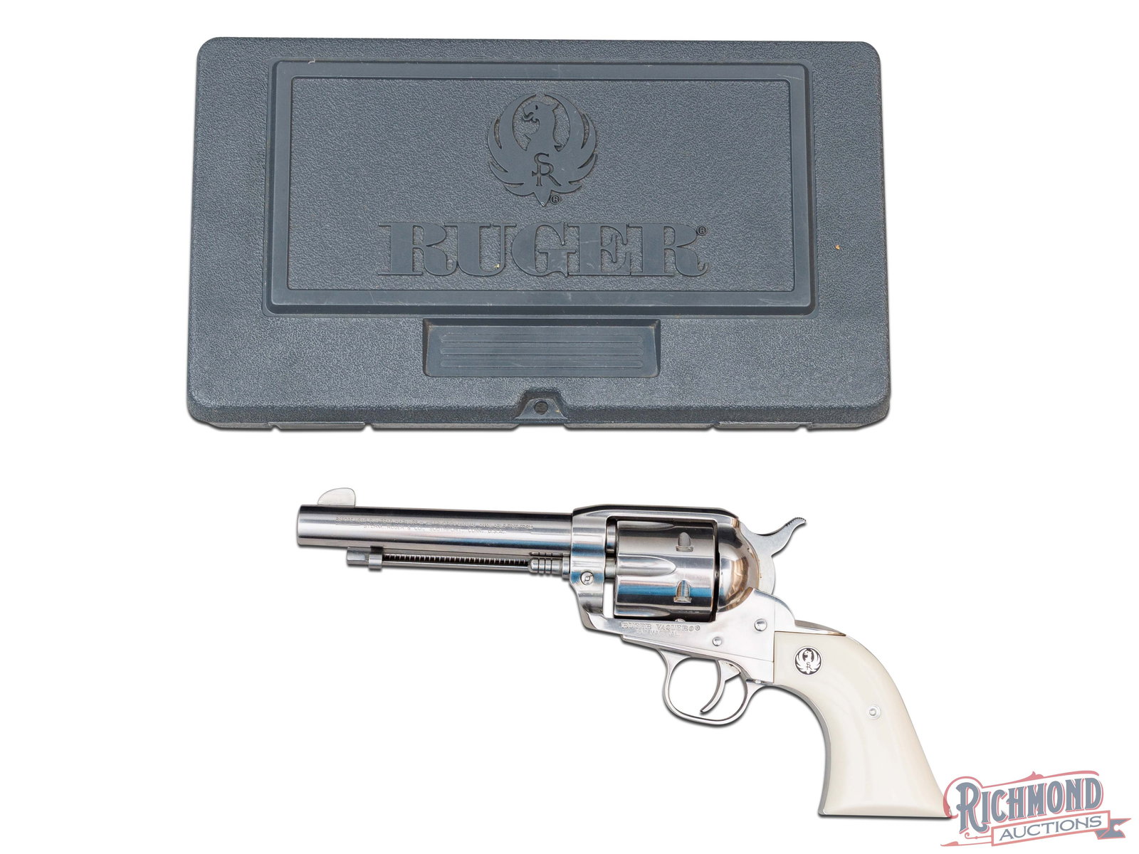 Ruger Stainless New Vaquero .357 Magnum Revolver in Factory Case: Manufactured by Ruger. This single action revolver is highly favored among SASS shooters. Features a 5-1/2" barrel with rear integrated notch and blade front sight. Single action with a six-round flut