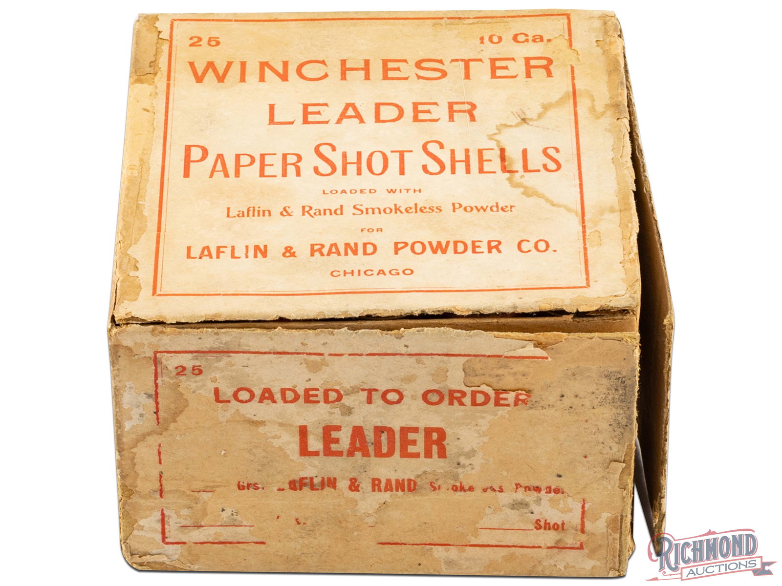 Full Box Of Laflin & Rand 10 Gauge Winchester Leader Paper Shot Shells: This is a full box of 10 gauge paper shot shells made by Laflin & Rand Powder Co. The two piece box has red lettering an border on the label. The label states " Winchester Leader Paper Shot Shells loa