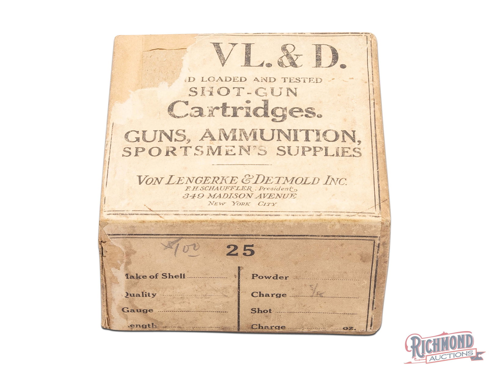 Von Lengerke & Detmold Shot-Gun Cartridges Two Piece Shell Box: This VL & D shell box is not marked for a gauge, but likely a 12 gauge box. The box does contain 23 28 Gauge shells with 7 1/2 shot. The top label is missing a corner but states " VL & D Hand Loaded a