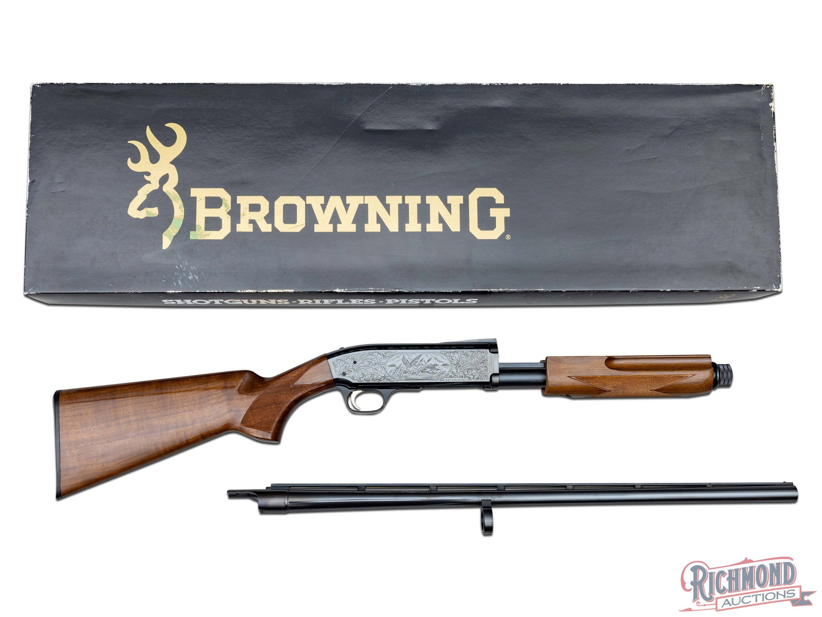 Excellent Condition Boxed Browning BPS 20 GA Engraved Pump Action Shotgun: Manufactured by Miroku for Browning in 1994. This unassembled shotgun features a 26" blued Special Steel Invector Plus ventilated rib barrel with nickel bead front sight. 20 gauge chambered for 2-3/4"