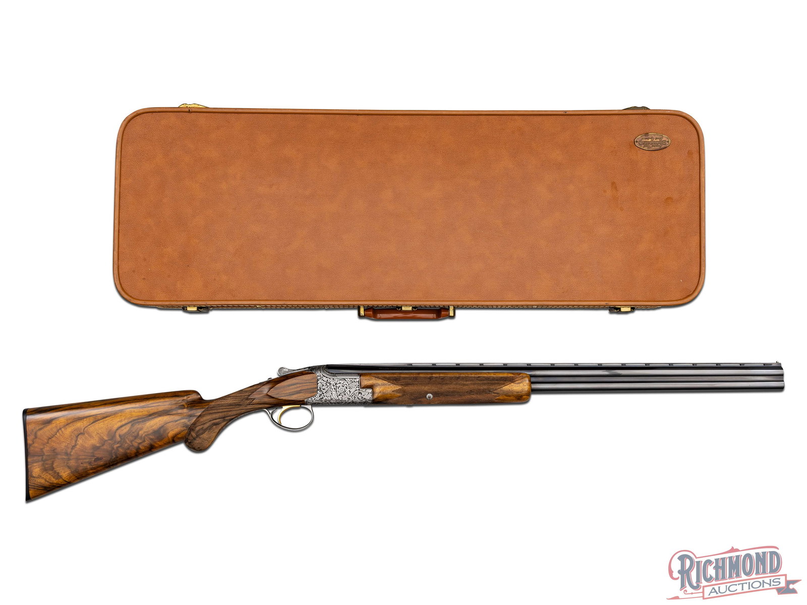 Cased Belgium Browning Superposed 20 GA Two Barrel O/U Shotgun Master Engraver Rich Hambrook: Made in Herstal, Belgium by Browning in 1968 and subsequently masterfully enhanced by Firearms Engravers Guild of America Master Engraver, Richard Hambrook. This set features two Browning special stee