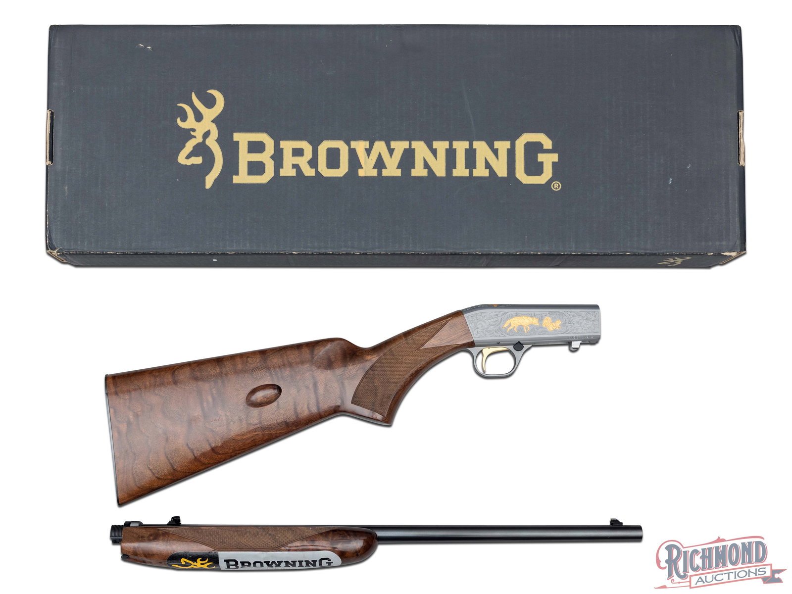 Boxed Browning SA-22 Grade VI Engraved & Gold Inlaid Takedown Semi-Auto Rifle in .22 LR: Manufactured by Miroku for Browning. This grade VI rifle features a 19-1/4" blued round barrel with rear flip-up adjustable notch and brass bead on blade front sight. Top rear of the barrel is drilled