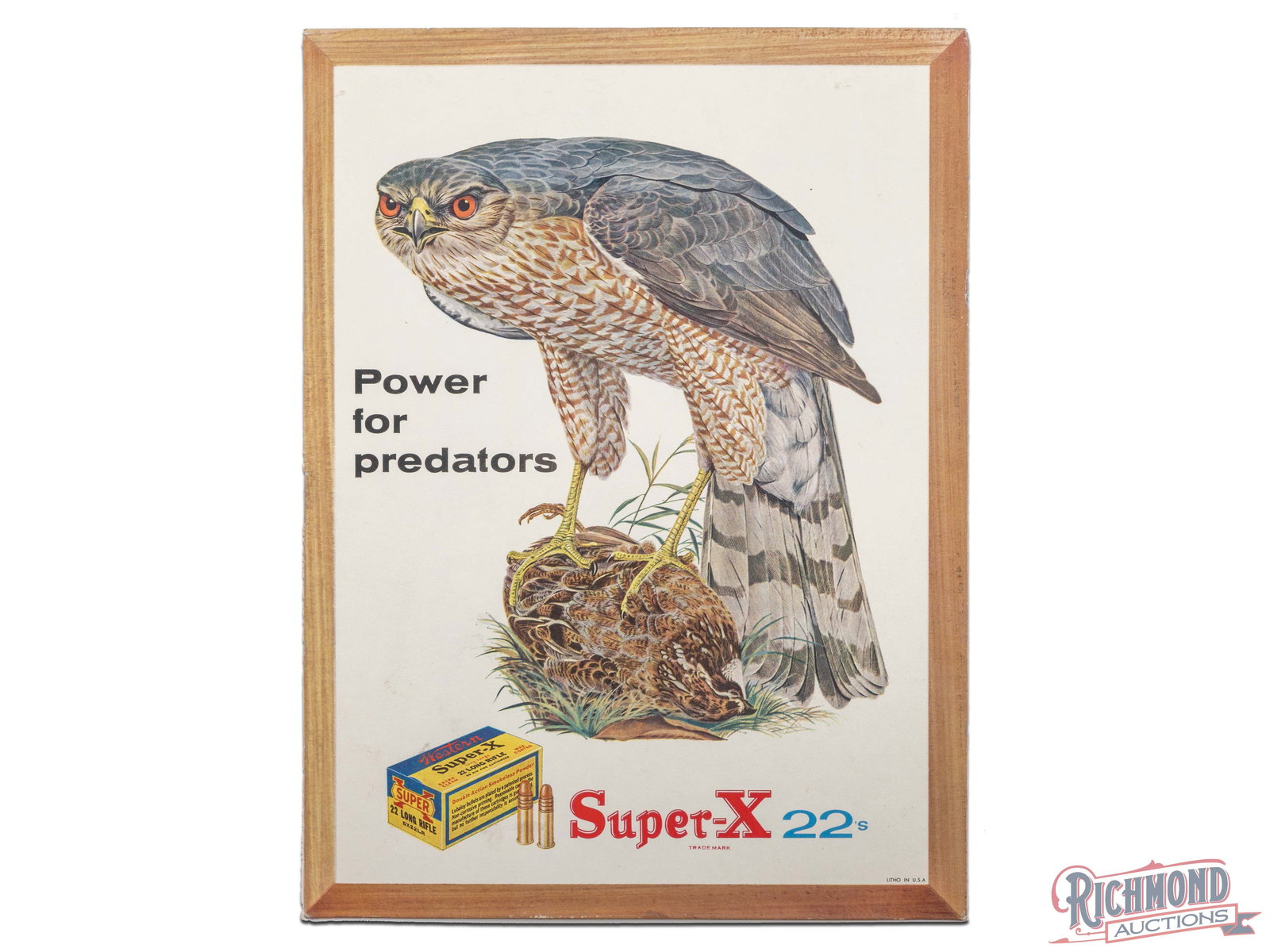 Western Super X .22 "Power for Predators" Cardboard Advertising Display Sign: Single sided cardboard sign has excellent color. The fields are clean. The perimeter has minor wear along the outer edges and the sign has been shrink wrapped to foam board. Marked Litho in U.S.A. 12.