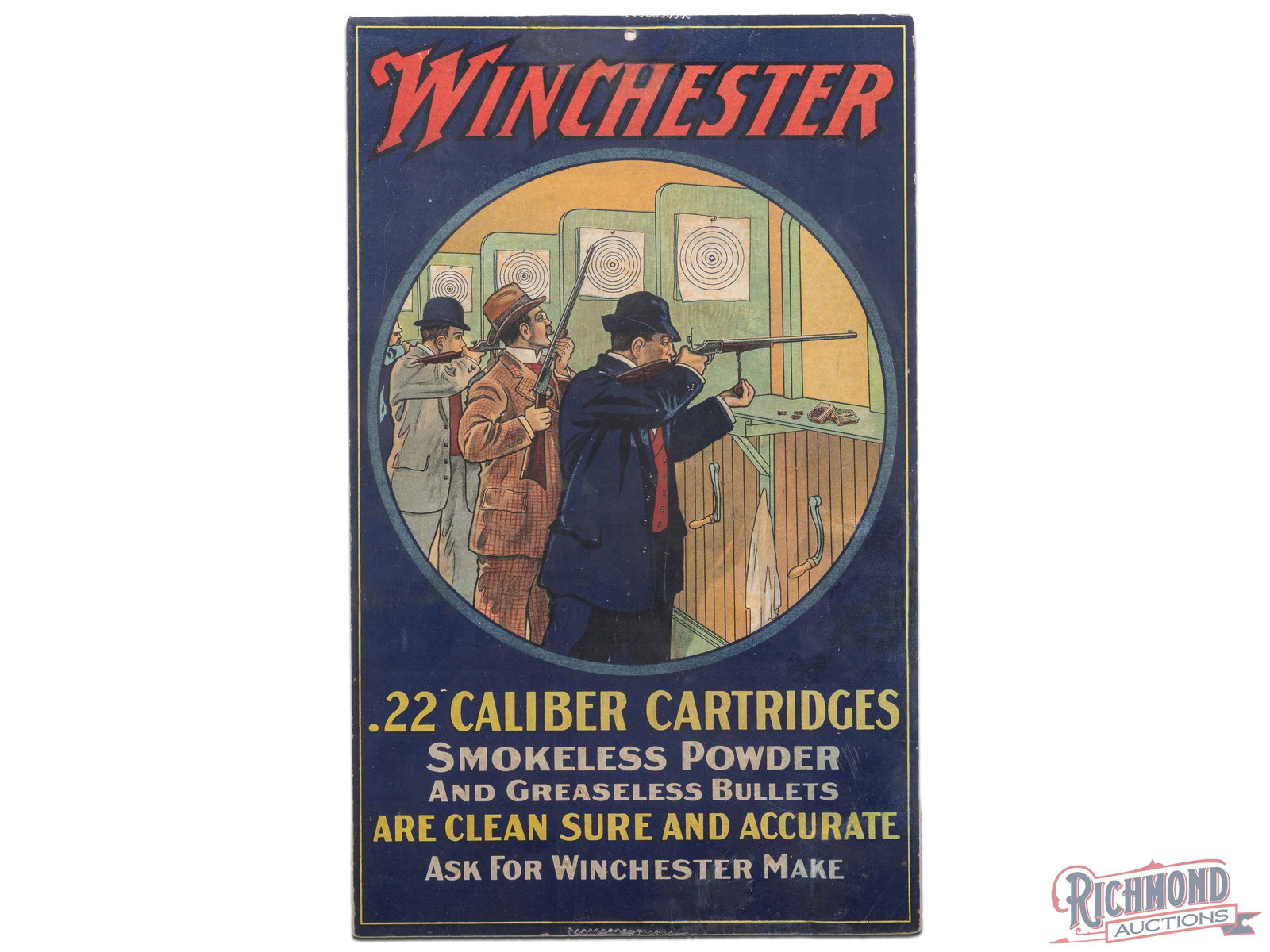 Winchester .22 Caliber Cartridges "Clean Sure and Accurate" Cardboard Advertising Display Sign: Single sided cardboard sign has very good color. The field has slight toning present in the image. The outer fields and perimeter have areas of professional restoration and color match. The sign has b