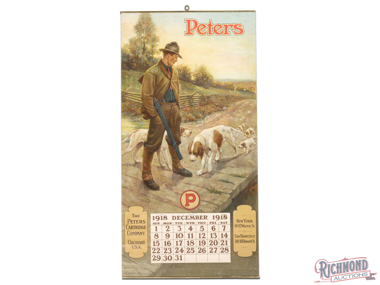 1918 Peters Cartridge Company Advertising Calendar Sign: 1918 calendar has excellent color. The display has light wear with areas of wrinkling in the fields and outer edges. The pad features a single sheet and both metal bands are present. The calendar has