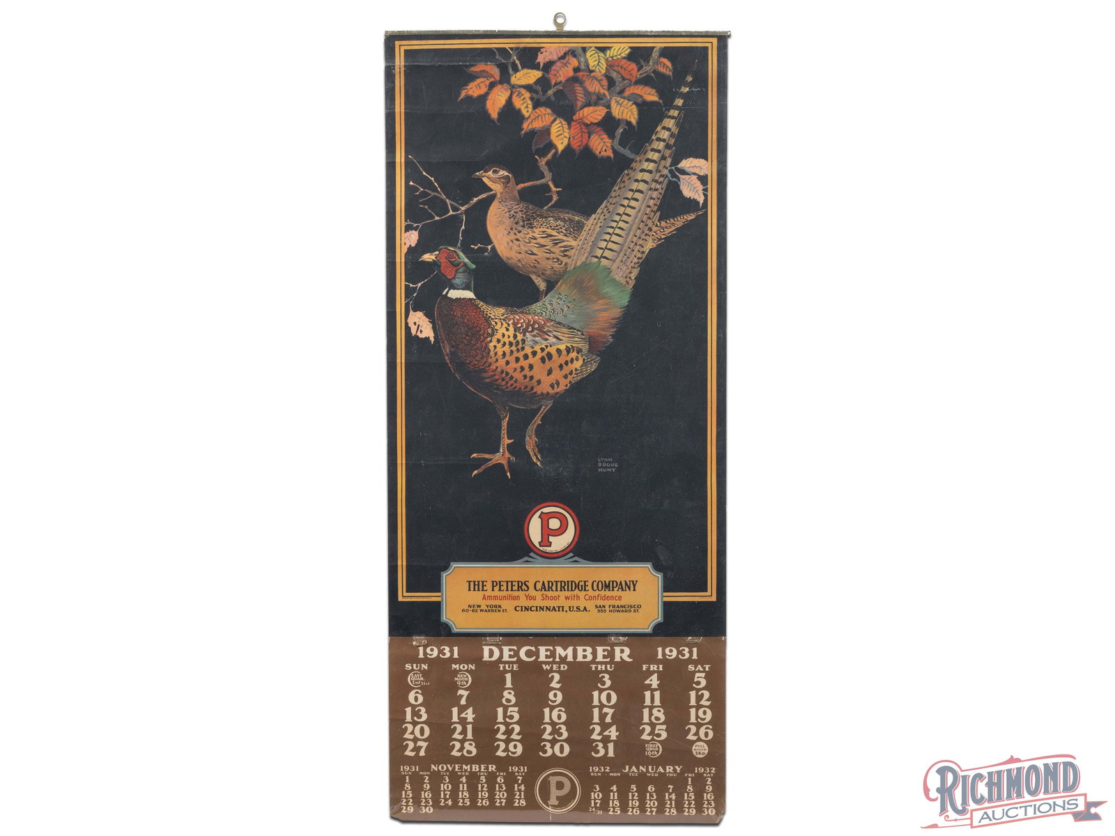 1931 Peters Cartridge Company Advertising Calendar Sign: 1931 Peters Cartridge Company calendar sign. It has very good color with light wear wrinkles and a closed tear on the upper left edge. The pad features a single sheet with added staple holes. The peri