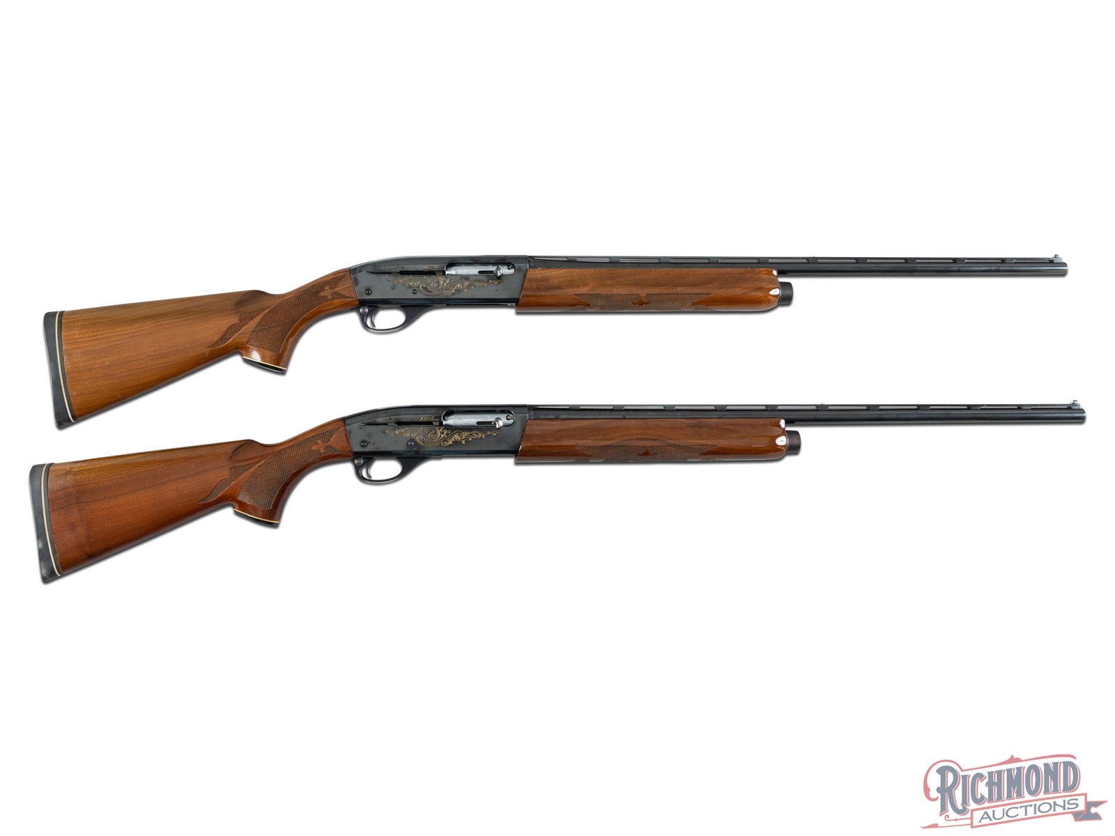 1969 Remington 1100 Matched Pair 859 Deluxe Semi-Auto Shotguns in .410 & 28 Gauge: This Matched Pair was produced by Remington Arms in September of 1969 according to date code "DS". Both shotguns feature 25-1/2" ventilated rib barrels with a nickel mid-bead and white front bead sigh