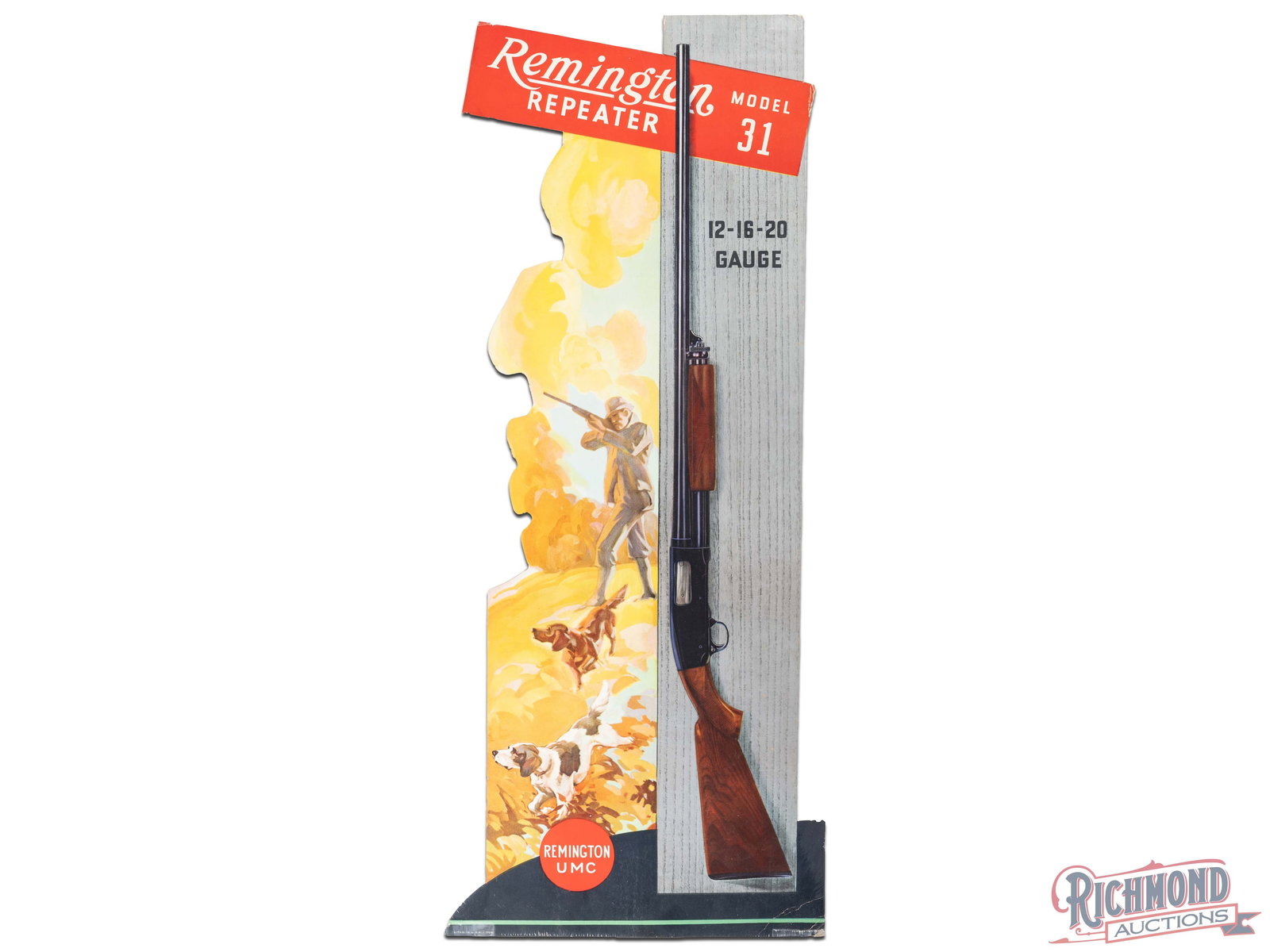 Remington Repeater Model 31 12-16-20 Gauge Shotguns Cardboard Advertising Display Sign: Single sided die cut cardboard display has excellent color. The field is clean. The perimeter has areas of edge wear present that is mainly along the right hand side and a bend on the lower right corn