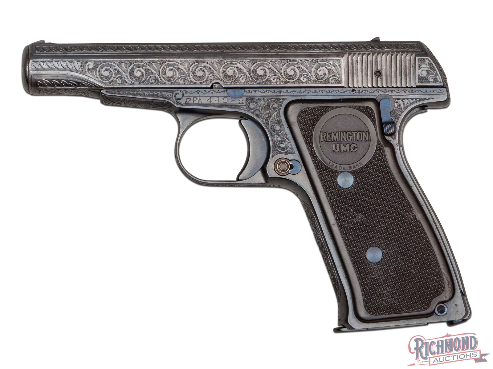 Remington Model 51 Semi-Auto .380 ACP Pistol Nearly Fully Engraved by Master Engraver R. Dilling: Manufactured by Remington Arms between 1918 and 1926. This beautiful pistol features a 3-1/4" barrel stamped "380 CAL" at the ejection port. Top strap of the slide is fully serrated and equipped with