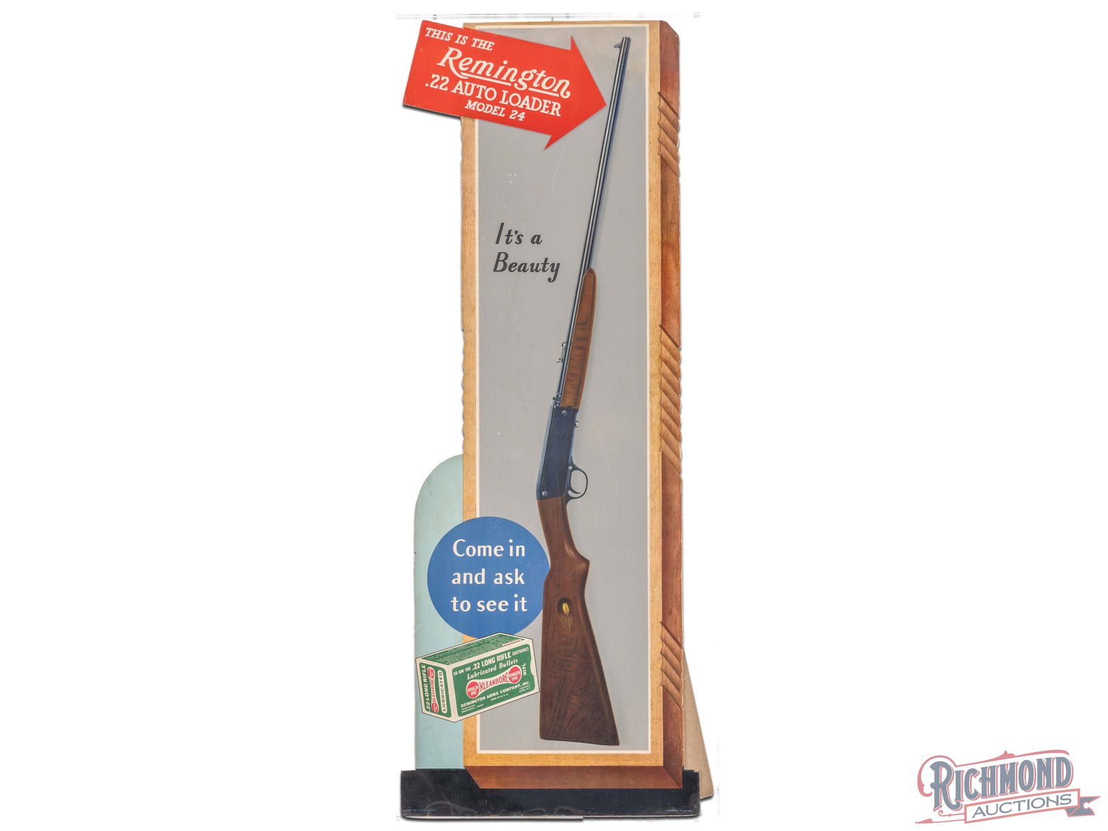 Remington 22 Auto Loader Model 24 Rifle Cardboard Advertising Display Sign: Single sided die cut cardboard sign has excellent color. The field has marks with light wear. The perimeter has professional restoration on the upper right corner which proceeds to 2.5 inches down fro
