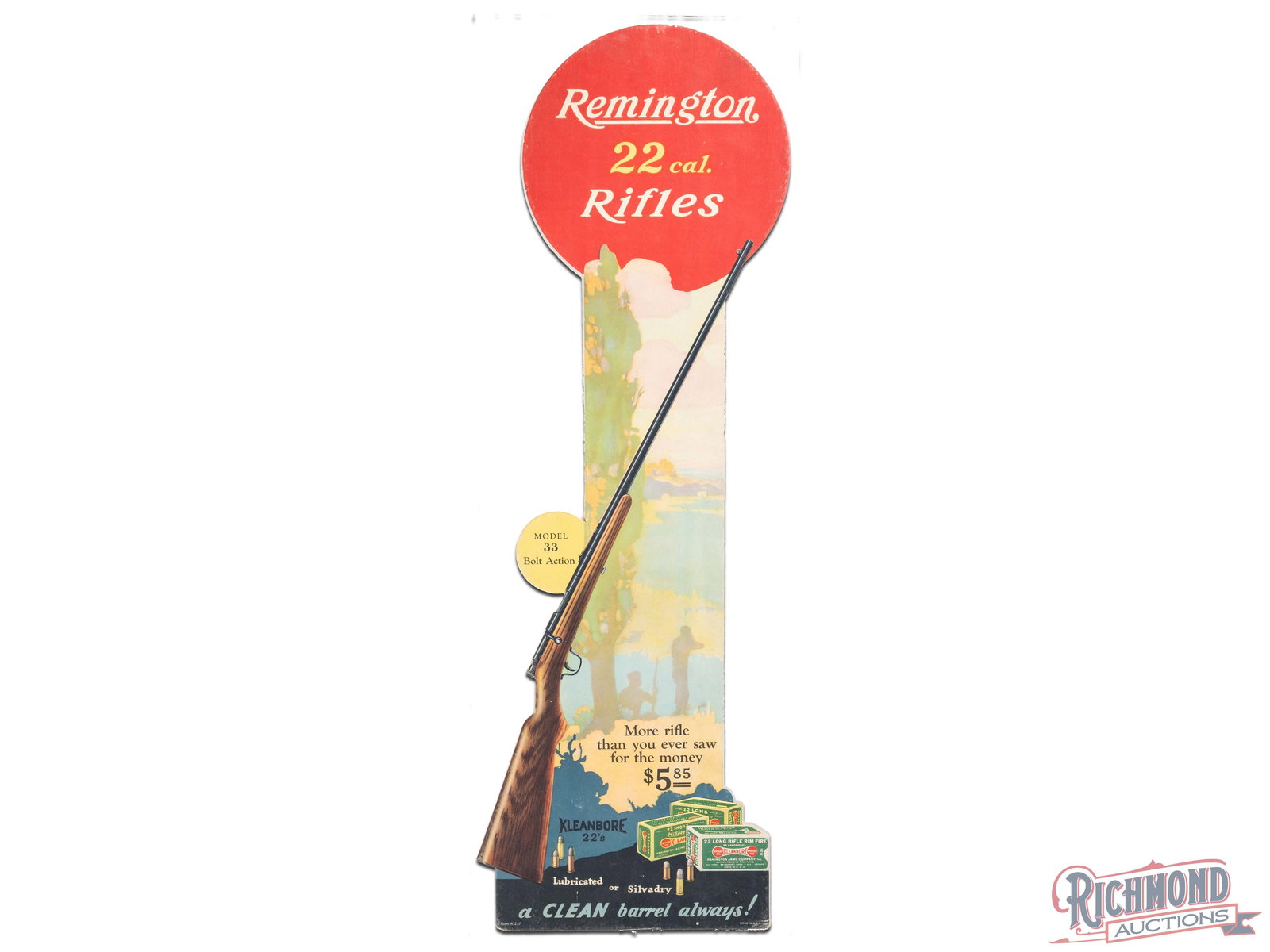 Remington 22 Cal. Rifles Kleanbore Cardboard Advertising Display Sign: Single sided cardboard sign has excellent color. The field is clean. The perimeter has light wear, a small area of color match on the upper edge at 12 o'clock and wear on the lower edges. The sign has