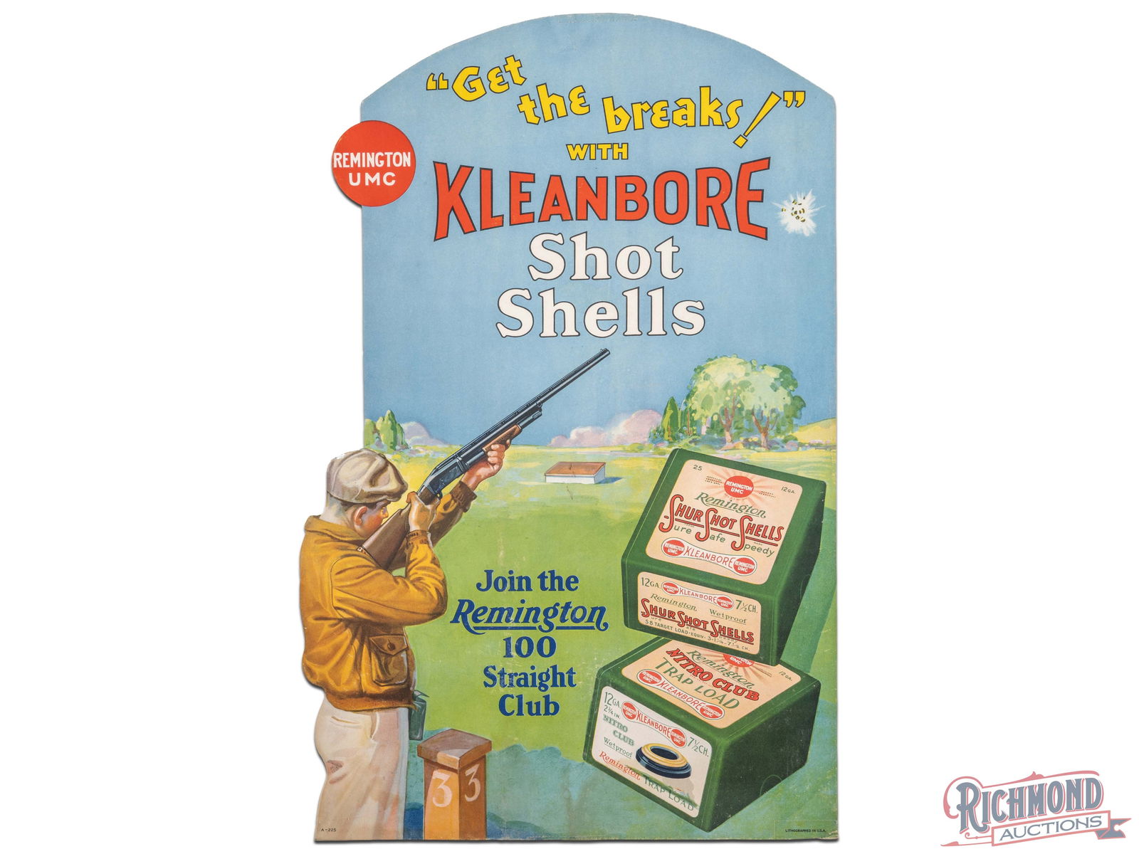 Get the Breaks with Remington Kleanbore Shot Shells Cardboard Advertising Display Sign: Single sided die cut cardboard sign has very good color. The display has light wear with minor discoloration. The perimeter has light wear along the lower edges. The sign has been shrink wrapped and m
