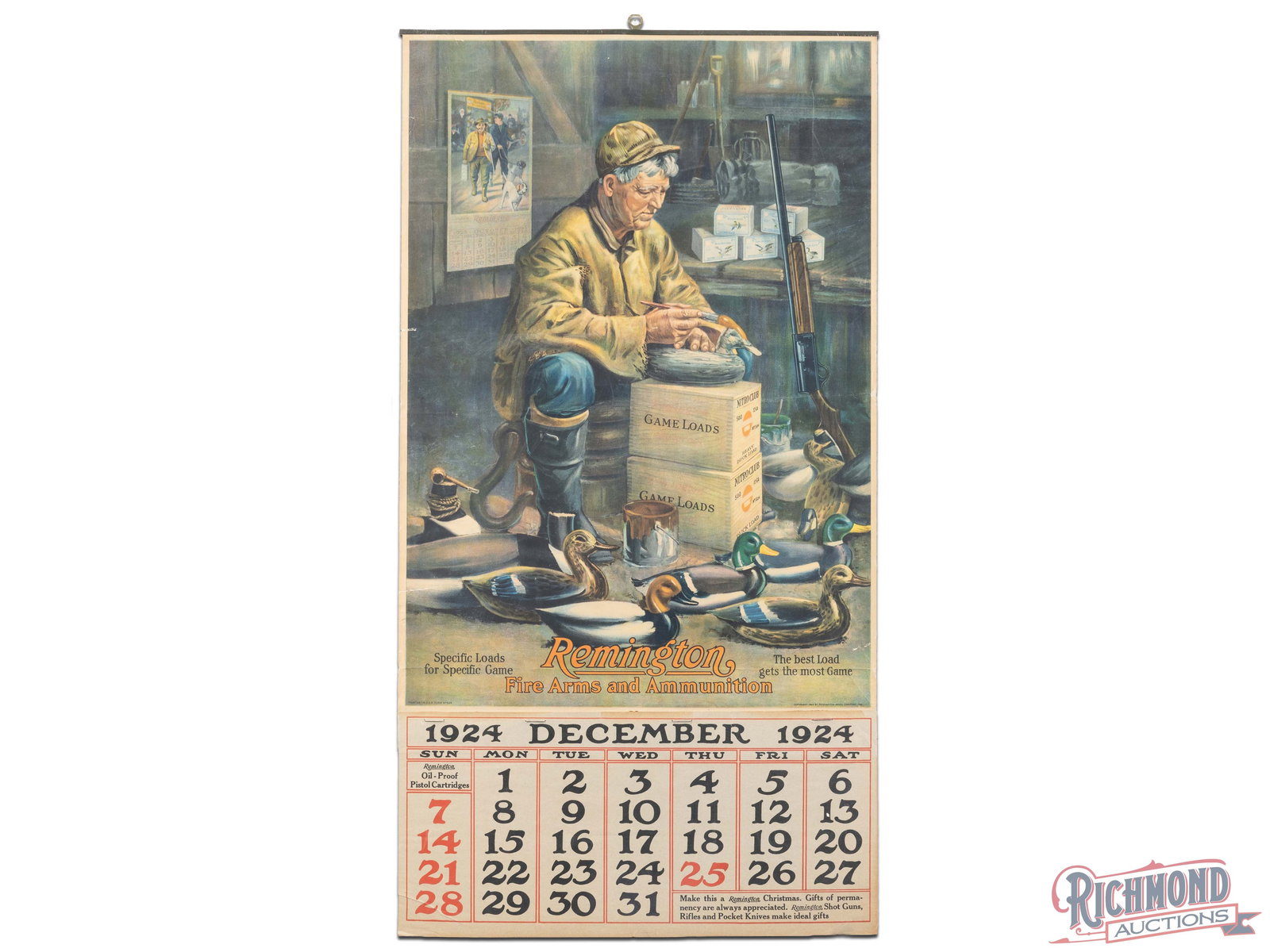 1924 Remington Fire Arms and Ammunition Advertising Calendar w/ Decoys: 1924 Remington firearms and ammunition calendar sign. It has good color and shows some areas of wear, discoloration, a few creases, and minor paper loss. It displays well with the original metal band