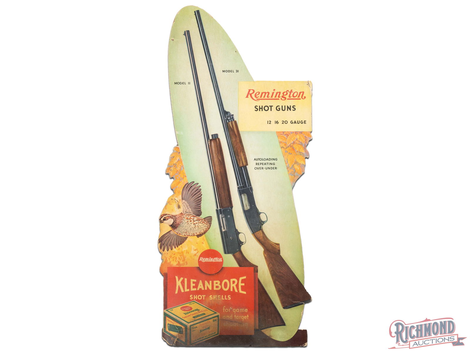 Remington Shot Guns 12 16 20 Gauge Kleanbore Shot Shells Cardboard Advertising Display Sign: Single sided die cut cardboard sign has excellent color. The field has small nicks and a non-factory hole on the end of the stock of the shotgun in the left field. The perimeter has added mounting hol