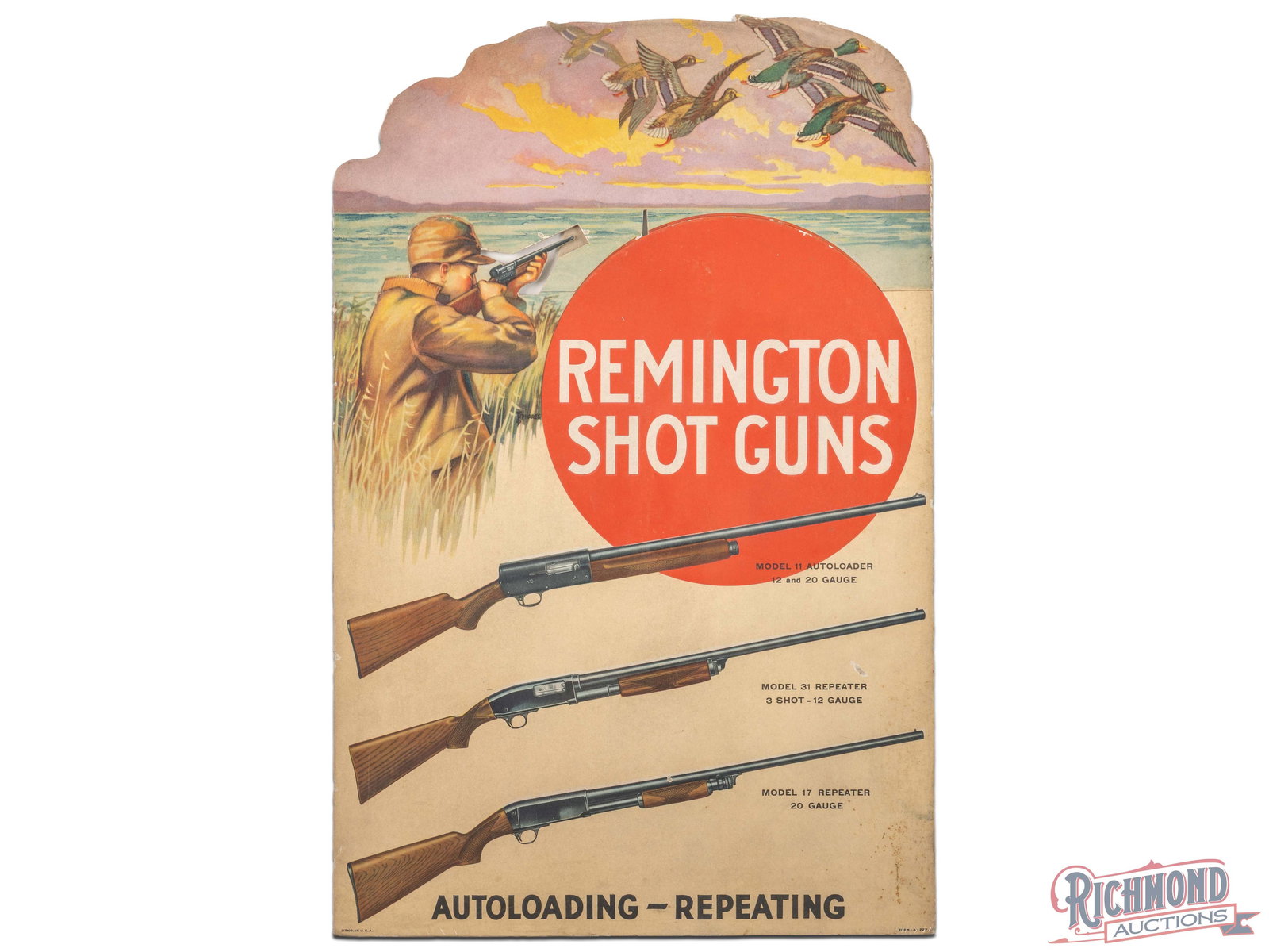 Remington Shotguns "Autoloading - Repeating" Cardboard Countertop Advertising Display Sign: Single sided die cut cardboard countertop three-dimensional sign has very good color. The field has light wear with small paint chips and minor creases between the upper edge of the Remington logo and