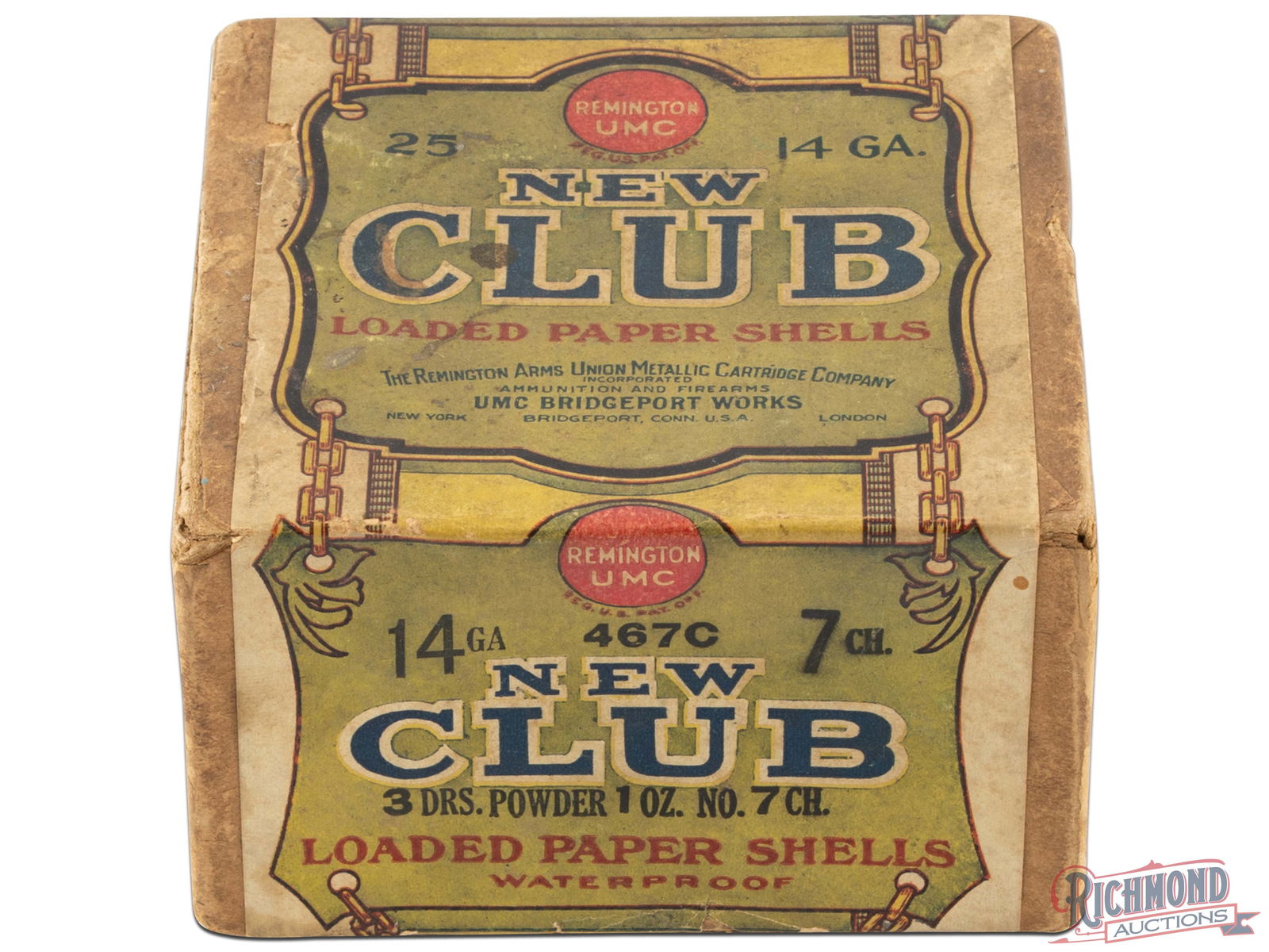 Remington UMC New Club 14 Gauge Loaded Paper Shells Two Piece Shell Box: This is an empty box of 14 gauge loaded paper shells made by Remington UMC. The two piece box has green labels on the top, front, and back with a graphic of a duck medallion on the bottom. The top lab