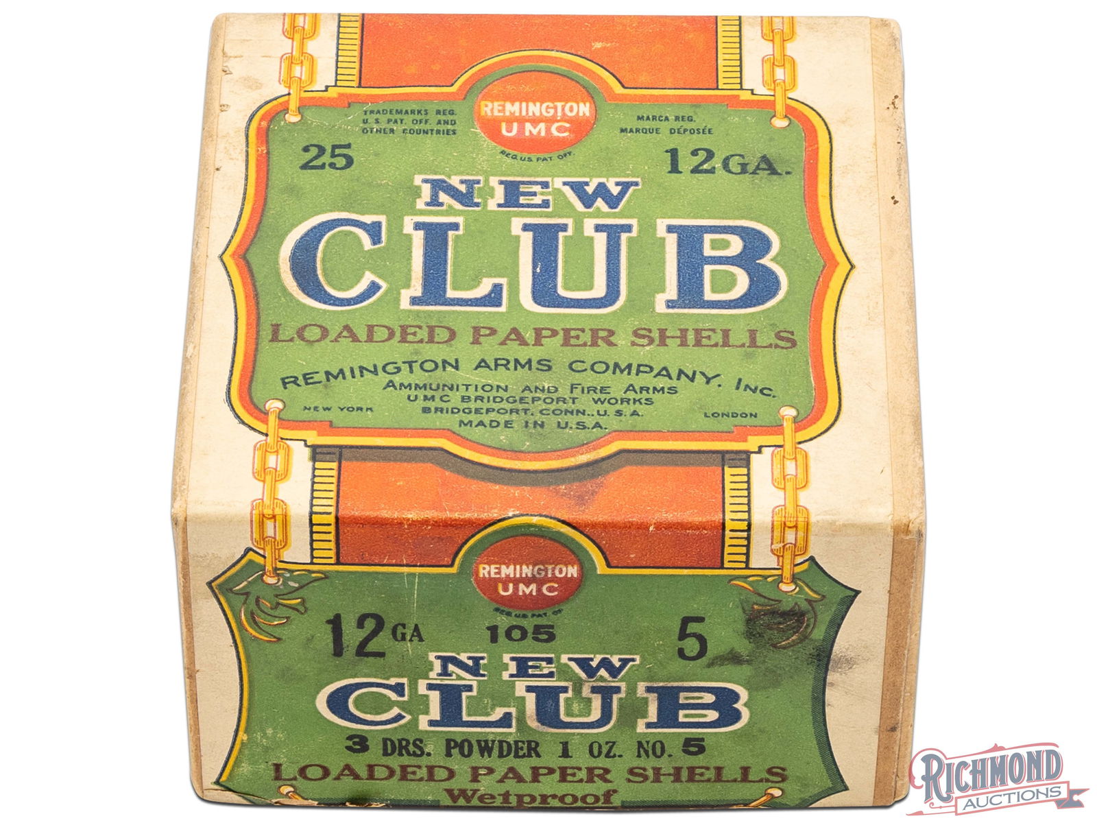 Full Box Of Remington UMC 12 Gauge New Club Loaded Paper Shells: This is a full box with a partially unbroken seal on one seam of a two piece box. The box contains 12 gauge loaded paper shells made by Remington UMC. The green and red label has an image of a duck me