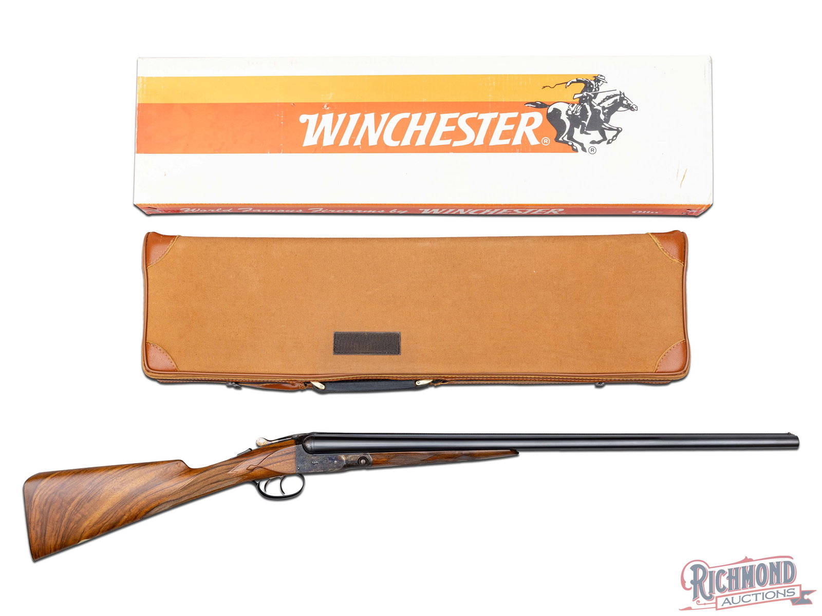 Parker Reproduction DHE Grade Side by Side Shotgun in 20 Gauge in Original Case: Made in Japan by Winchester from 1984 to 1989. Gun has blued 26" side by side Winchester Proof Steel barrels with Parker Overload stamps with two line Winchester/Parker Address with Winchester logo wi