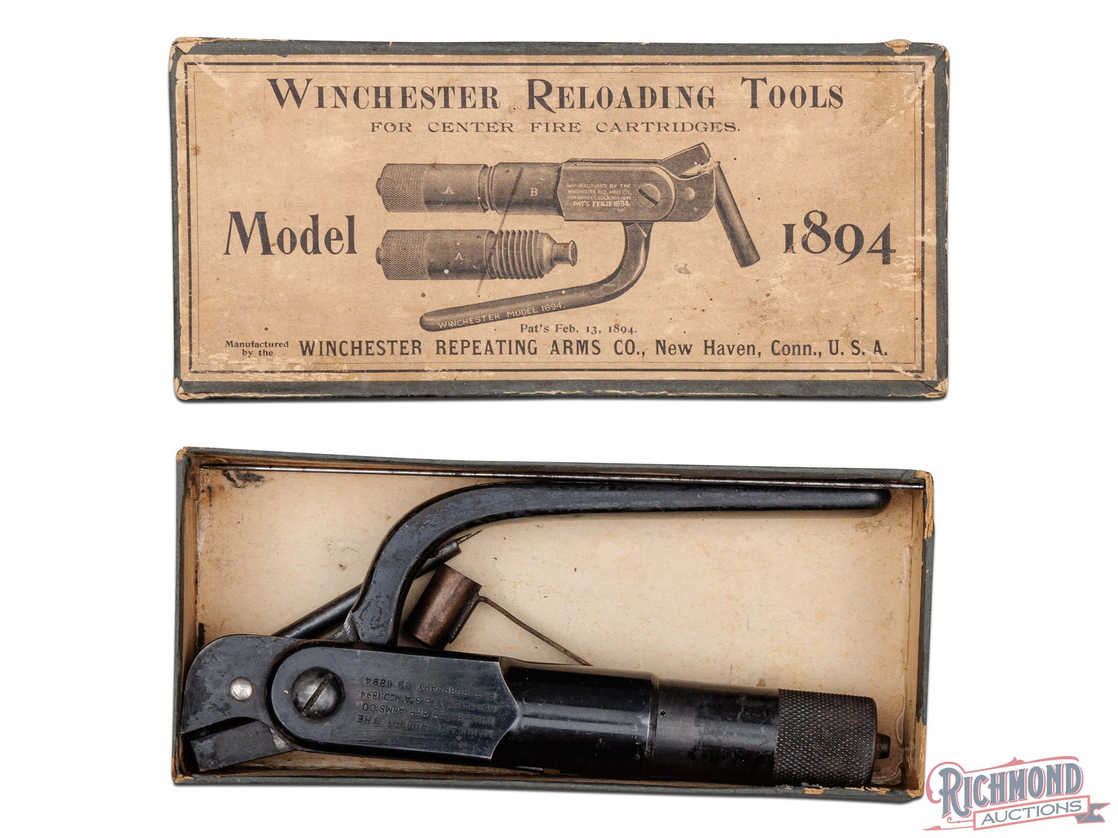 Winchester Model 1894 Reloading Tool for .25-35 WCF Ammunition in Original Factory Box: This Winchester reloading tool is in great condition. Stamped "MANUFACTURED BY THE / WINCHESTER REP. ARMS CO. / NEW HAVEN, CONN. U.S.A. MOD.1894./ PAT FEBRUARY 13 1894."" and ".25-35" on the opposite