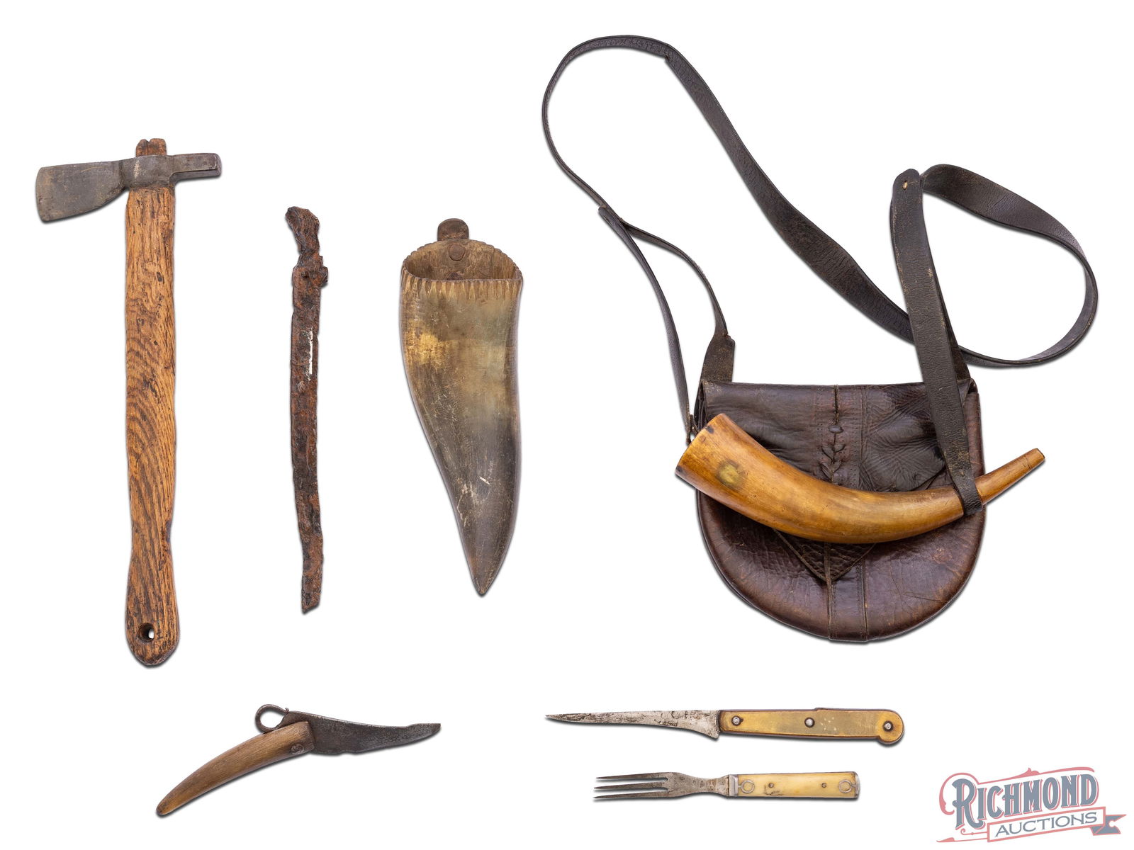 Lot Of Vintage Muzzleloading And Pioneer Woodsmen Items: Lot includes Leather possibles bag and horn with sharpening stone horn, belt axe, patch knife, pioneer silverware and dug relic knife. FFL: Antique.