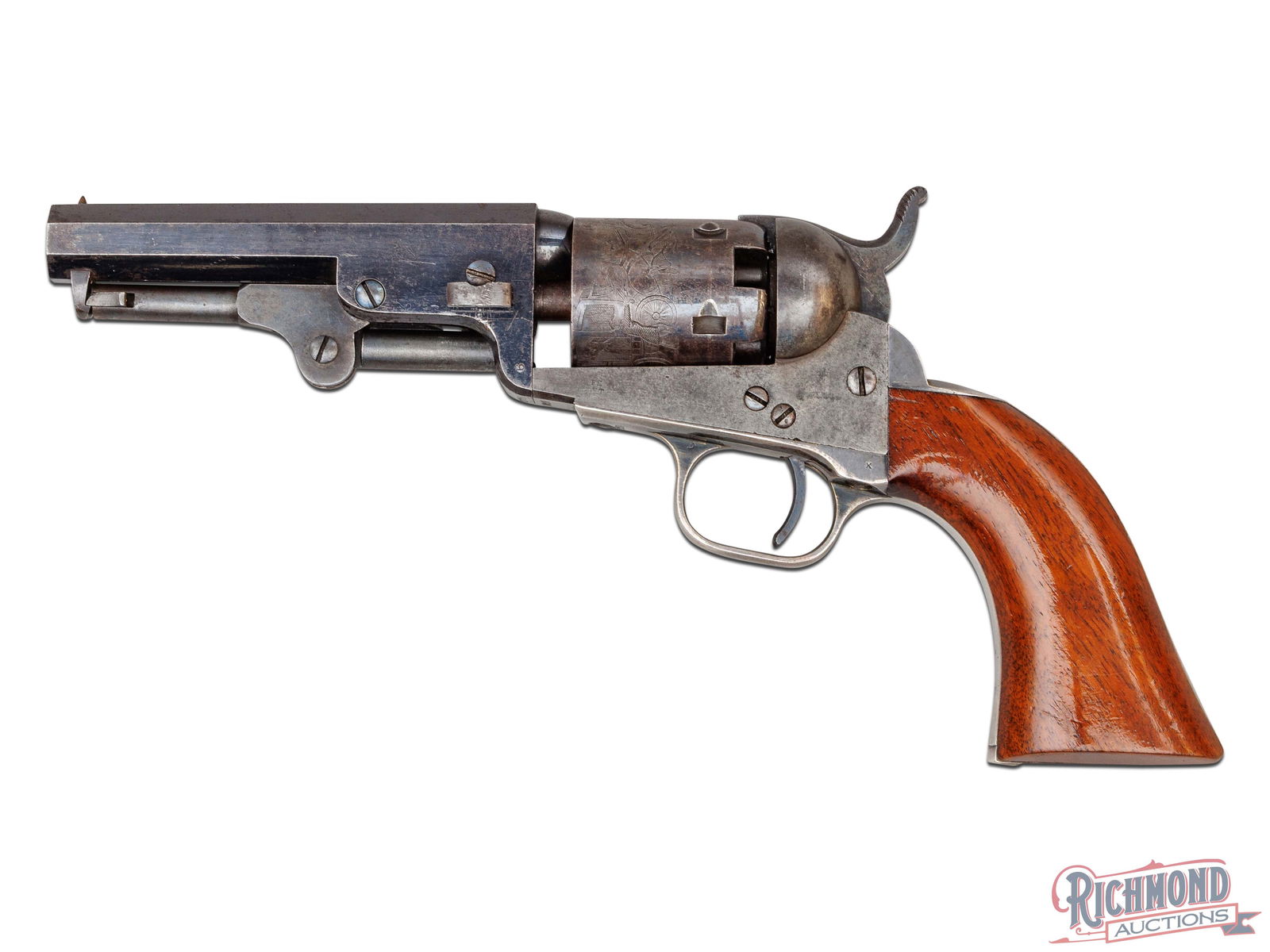 Rare Antique Collector Quality Colt Model 1849 Pocket Pistol Iron Straps 31 Cal 4" Revolver: Manufactured by Colt in 1855. This investment quality revolver features a 4" blued octagon barrel with a brass bead front sight. Second type with the more squared frame and large space between the bar