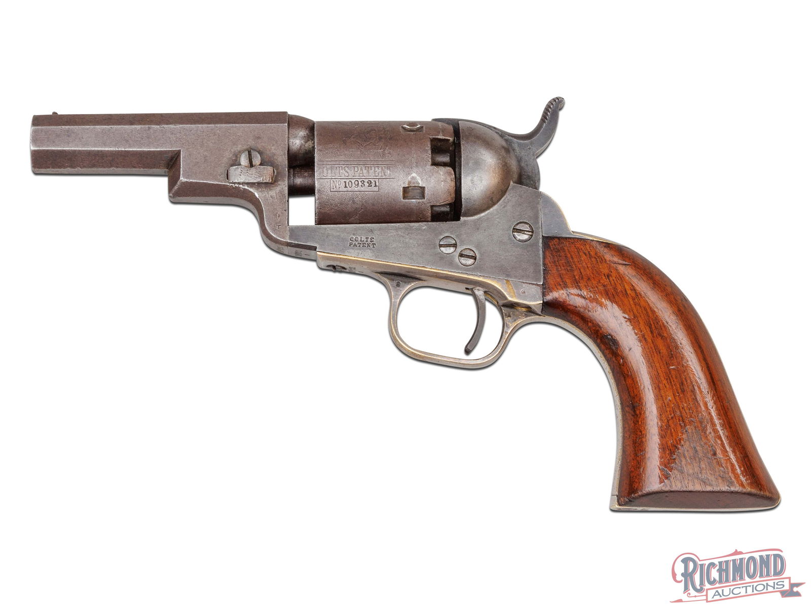 Rare Antique Collector Quality Colt Model 1849 Pocket Pistol .31 Cal Wells Fargo 3" Revolver: Manufactured by Colt in 1855. This investment quality revolver features the "Wells Fargo" 3" octagon barrel with a brass bead front sight and without a loading lever. Second type "Wells Fargo" with th