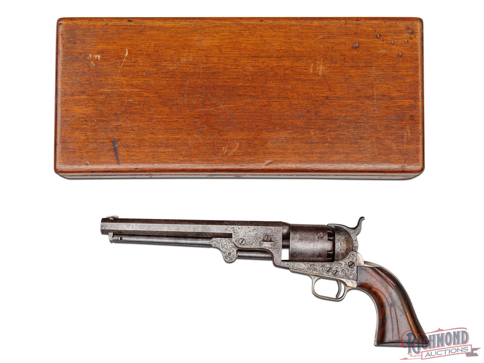 Cased & Engraved Antique Colt 1851 Navy 36 Cal Revolver Presented to Colonel M. Burke: Manufactured by Colt in 1864. This beautifully engraved 1851 Navy is engraved in script on the back strap "Col. M. Burke U.S.A." Provance from Colonel Martin Burke are included, copies from the Nation