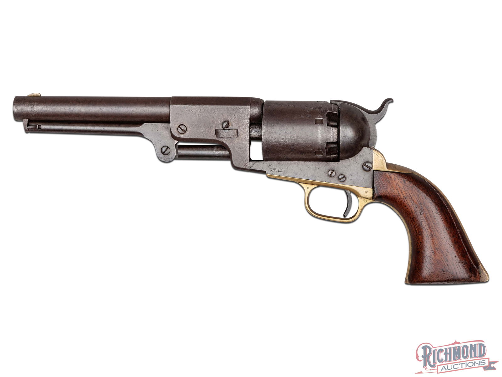 1859 Antique Colt Third Model Dragoon .44 Cal Percussion 7-1/2" Revolver: Manufactured by Colt in 1859 one of estimated 10,500 produced. This Third Model Dragoon revolver features an 7-1/2" round barrel with silver front blade and rear notched hammer lip sights. Top of the