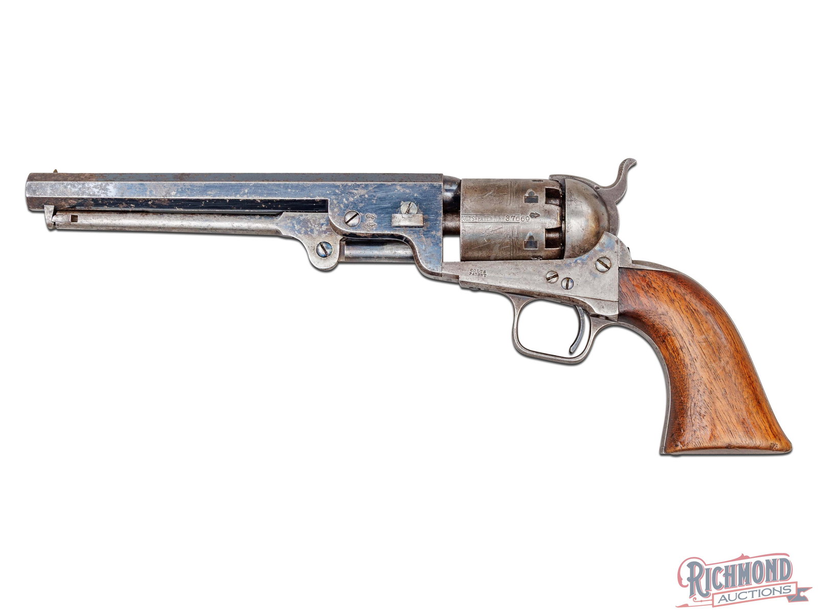 Rare 1854 Colt 1851 Navy Belt Pistol London Stamped 36 Cal Percussion Revolver: Manufactured in the Colt London Armory in 1854. Sam Colt sought to secure additional contracts in the European market and address Britain's limited military production by expanding his manufacturing i