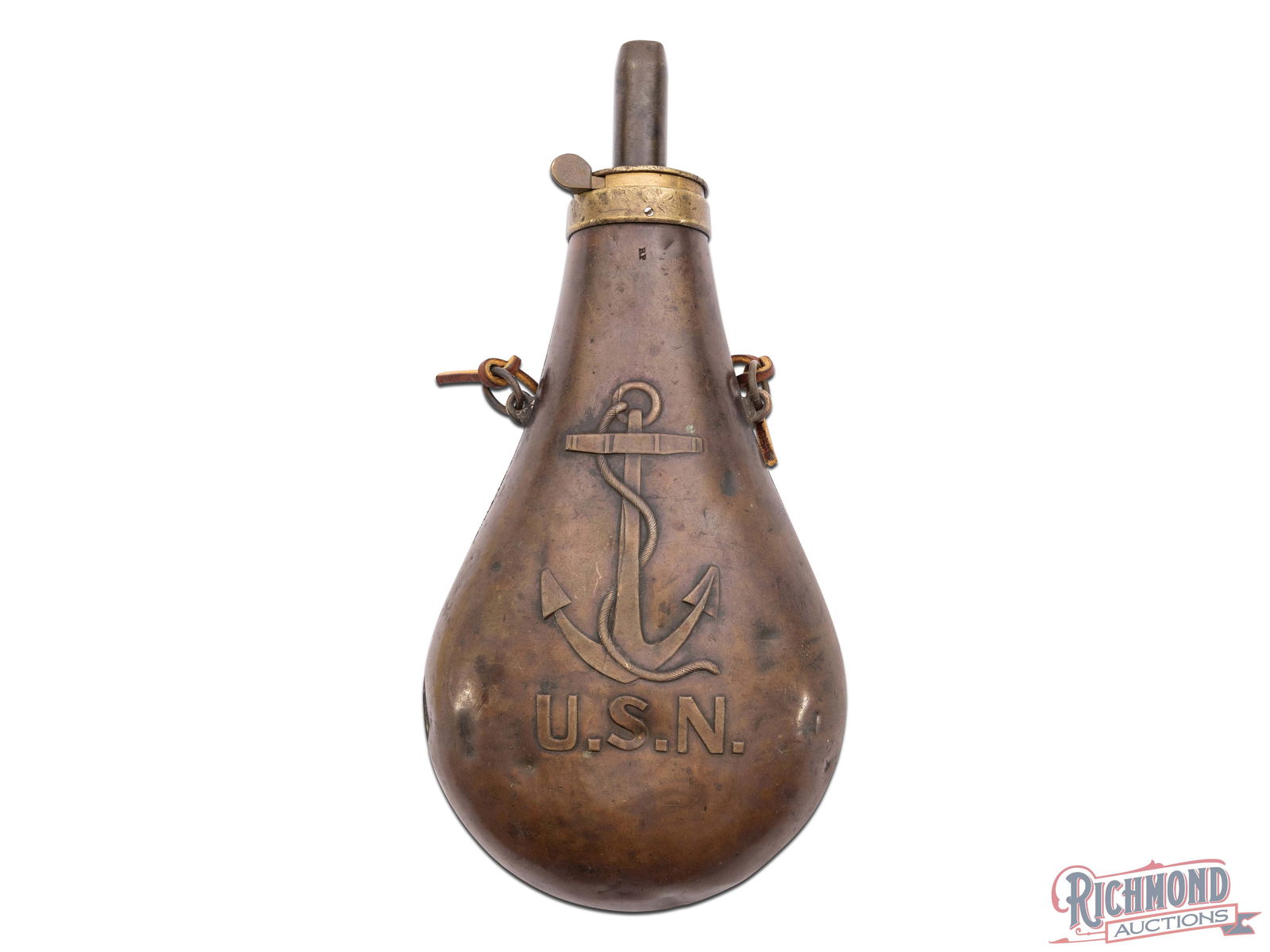 N.P. Ames U.S.N. Anchor Brass Powder Flask Dated 1843: Made by Nathan P. Ames of Springfield, Massachusetts in 1843 to go with U.S. Naval arms of the day such as the Jenks Navy Carbine and Ames Boxlock Pistol. Flask measures 9" from tip and 1-1/2" across