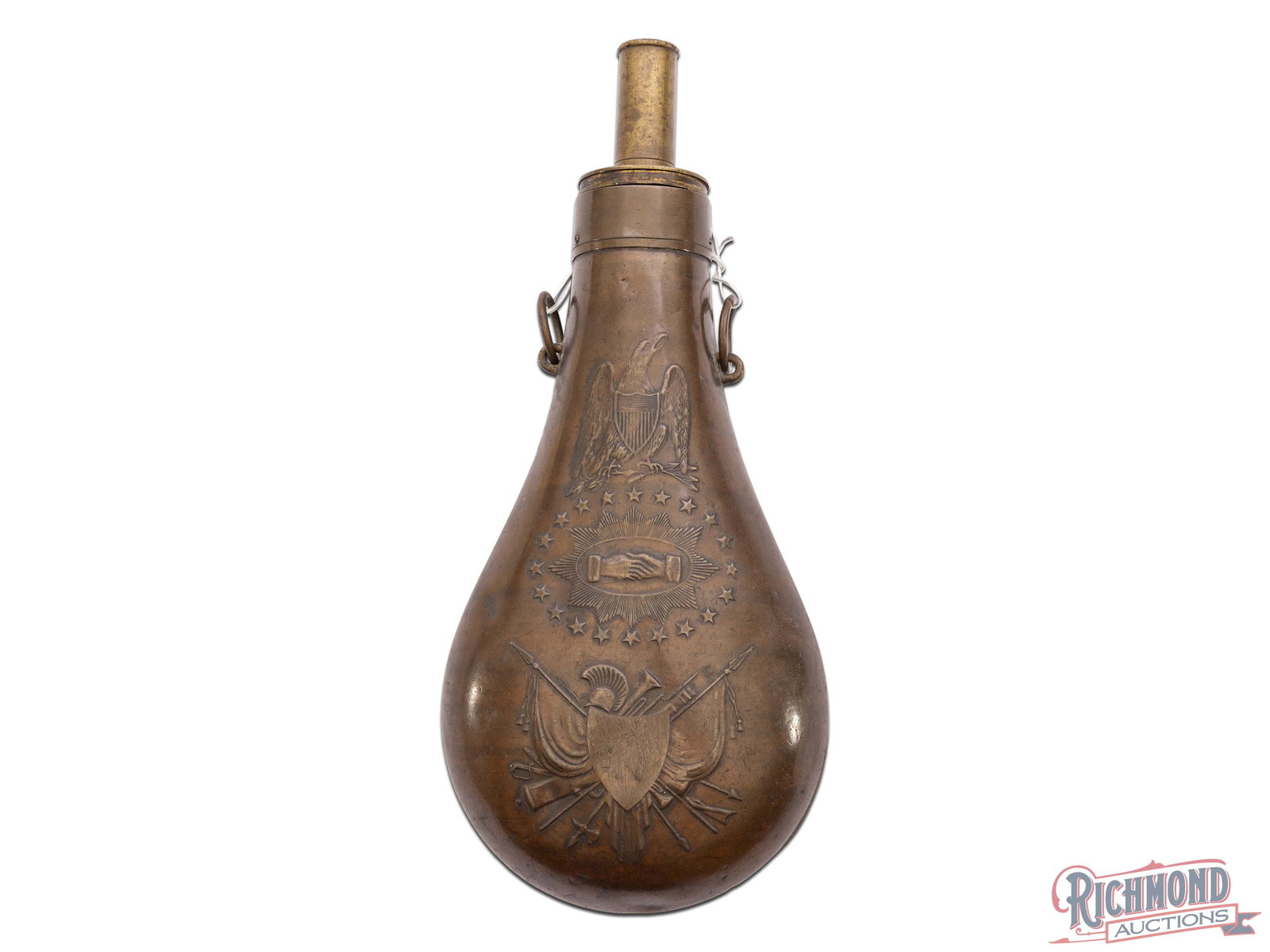Possible Confederate Used Peace Flask With Ground "US" Marking: Made probably by Nathan P. Ames or Batty Brothers of Springfield, Massachusetts circa 1846 to go with U.S. Martial arms of the day. Flask measures 9" from tip and 1-1/2" across with brass tear shaped