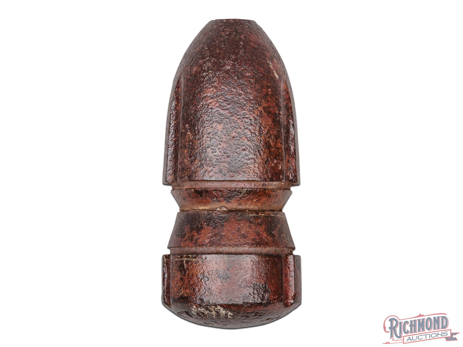 Civil War Era Hotchkiss Cannon 3" Artillery Shell: This inert artillery shell measures 3" in diameter and 6-1/2" in length. The base is stamped "HOTCHKISS PAT OCT 9 1855 / MAY..61". It is a little difficult to make out but finding a shell with any leg