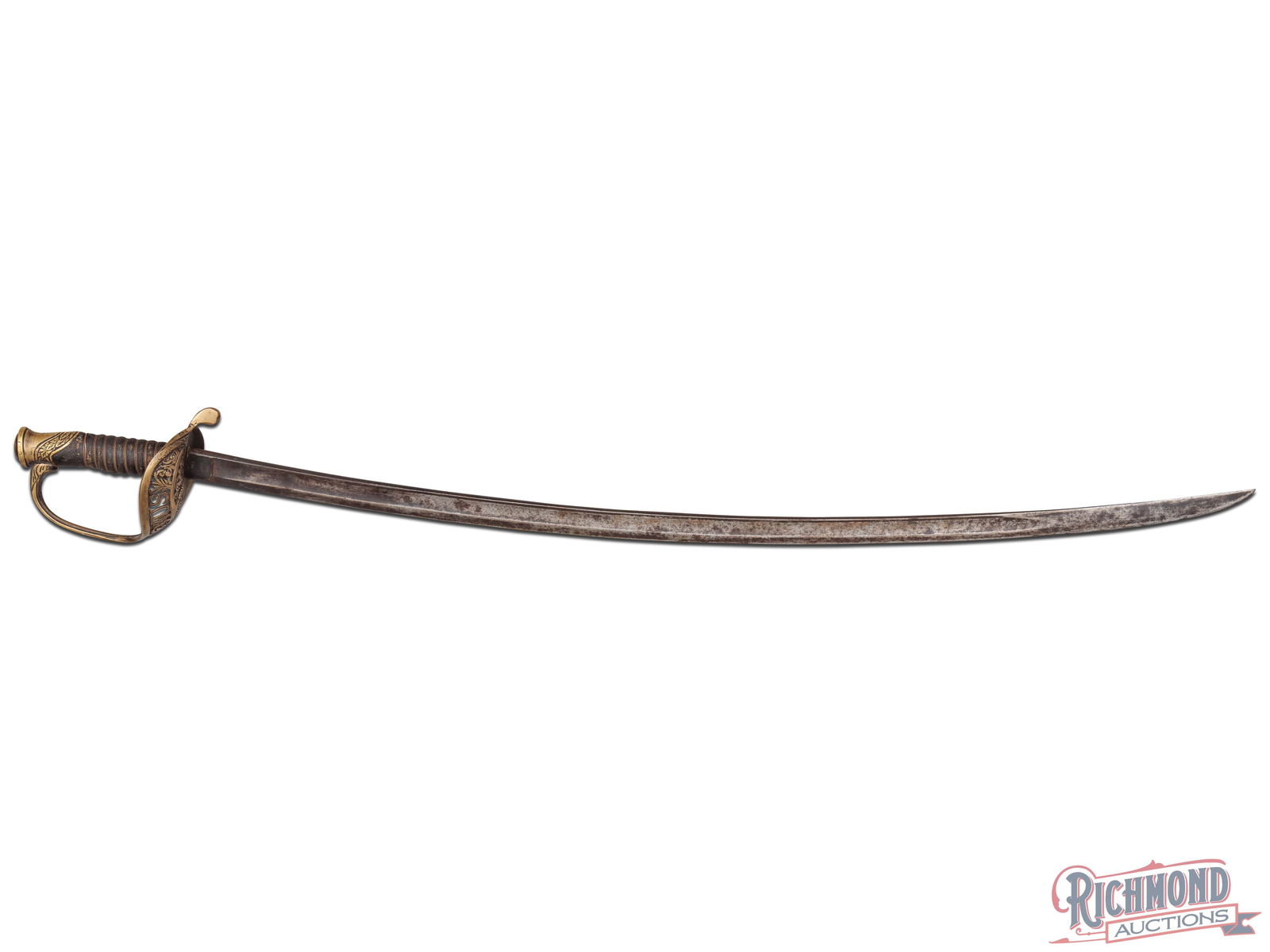 Civil War Era Ames Sword Company Curved Blade Saber Dated 1863 US Marked: This curved blade saber was made by Ames Manufacturing Co. in Chicopee, Massachusetts. It features a 34" blade and measures 40" overall. The base of the blade has "Ames Mfg. Co., Chicopee, Mass." on o