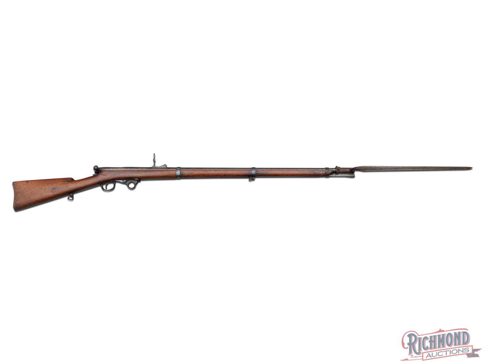 Greene Breech-Loading Underhammer Rifle With Bayonet .53 Caliber: This Greene patent breech-loading rifle was made by A H Waters Armory in Millbury, Massachusetts circa early 1860's. It features a unique bolt action breech-loading design with an underhammer percussi