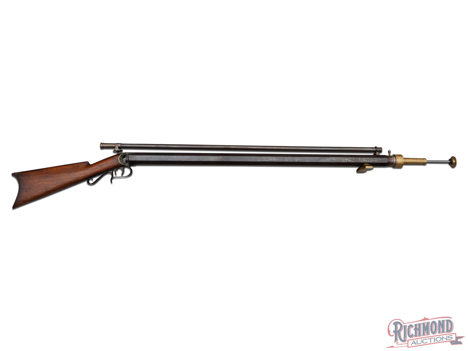 Rare New York Percussion Inline 40 Caliber Bench Rifle by James Robson of Buffalo, New York: New York percussion rifle made circa 1850 and signed in script "J.O. ROBSON BUFFALO NY" on barrel. Rifle measures 52" overall with .40 caliber 1-3/4" octagon rifled 34" barrel with full length 3/4" bl