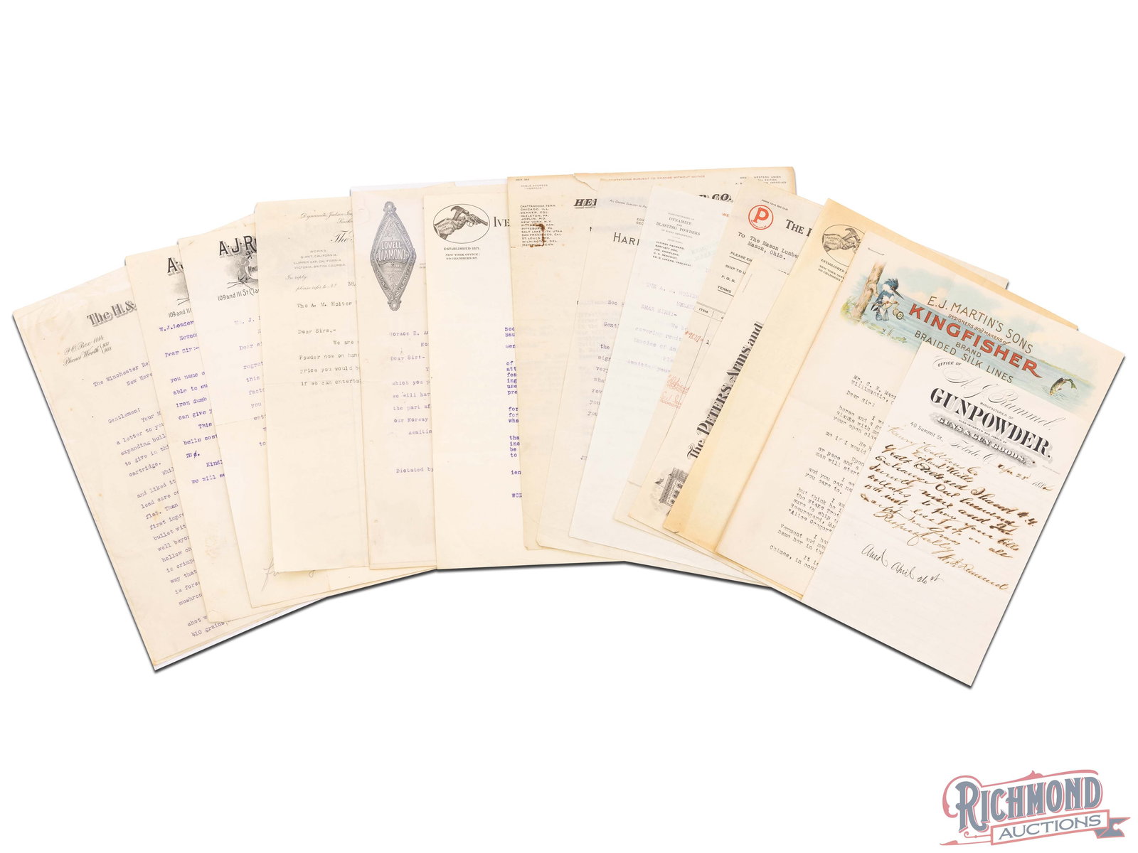 Lot of Early 20th Century Firearms Company Letterhead Trade Letters: Lot consists of 14 Firearms letterhead trade letters form companies like Peters, Harrington & Richardson, Iver Johnson, H.D. Folsom and Hercules Powder Company. FFL: Antique.