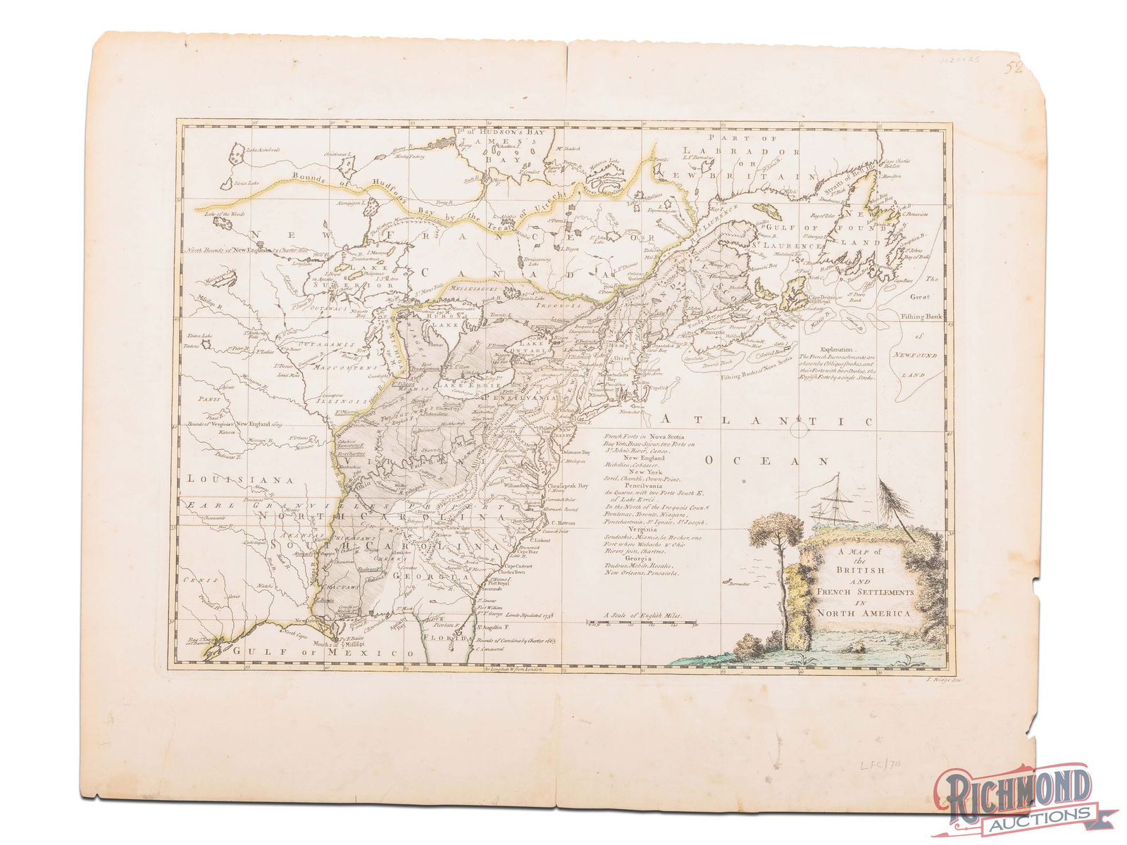 1755 I. Ridge Map of the British and French Settlements of North America: This historic print feature a map of the British and French settlements of North America including various French forts which were involved in the French and Indian war. Paper material with color stil